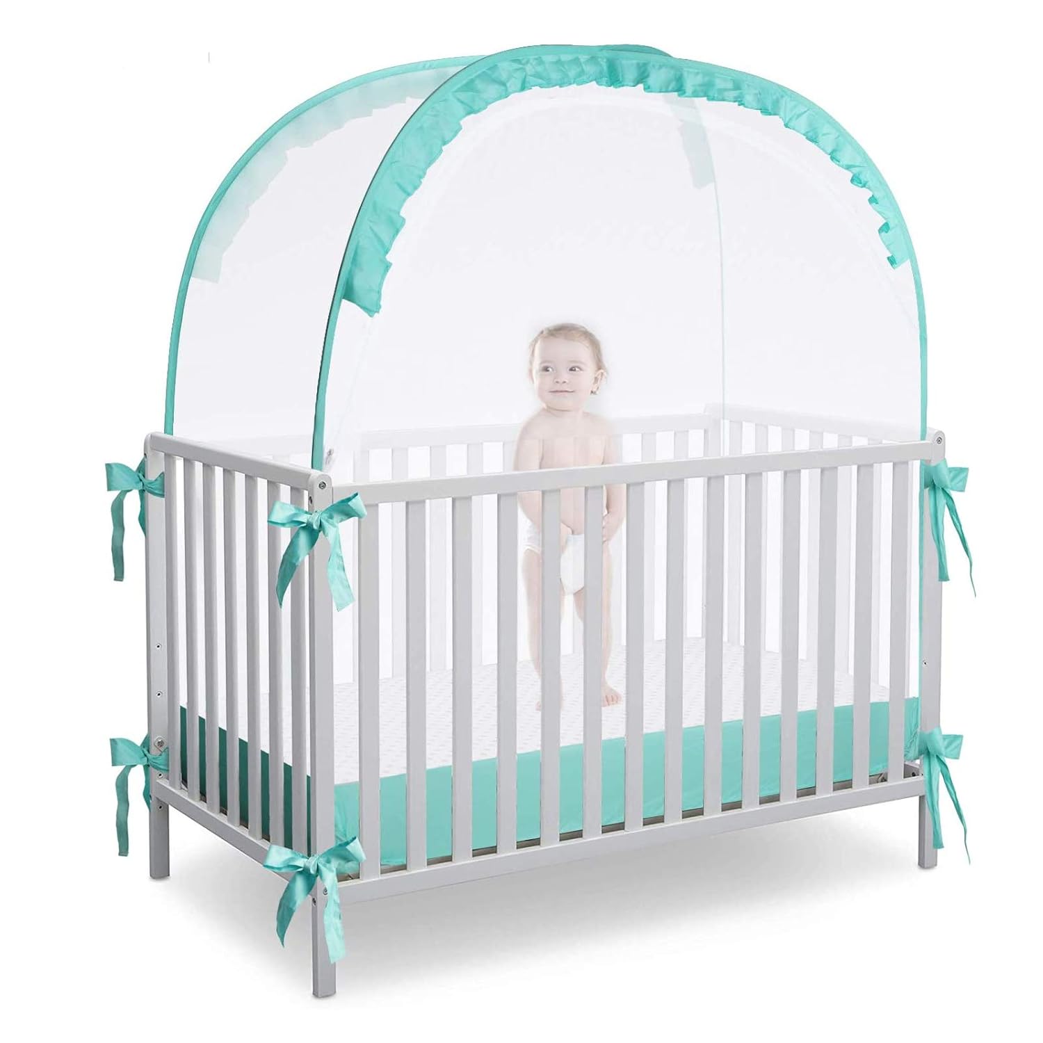 L RUNNZER Pack N Play Tent, Baby Crib Tent to Keep Baby from Climbing Out, Pop Up Crib Net for Pack and Plays, Mini Cribs & Play Yards, See-Through & Breathable Mesh Crib Canopy Pack of 2