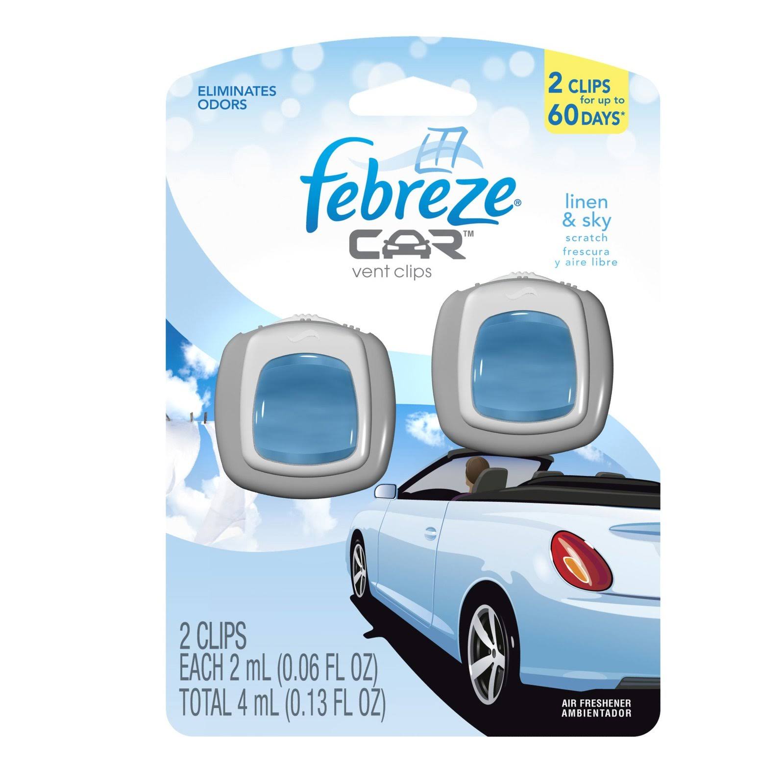 Febreze Car Vent Clips Linen u0026 Sky Air Freshener (2 Count; 2 ml each), 0.13 Ounc