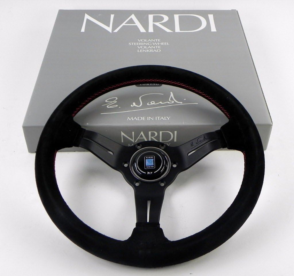 Nardi Steering Wheel - Deep Corn - 330mm (12.99 inches) - Black Suede Leather with Red Stitching - Classic Horn Button - Part # 6069.33.2094