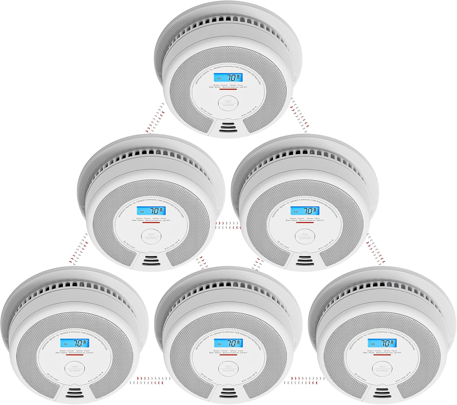 X-Sense Wireless Interconnected Combination Smoke and Carbon Monoxide Detector with LCD Display & 10-Year Battery, Over 820 ft Transmission Range, SC07-W, Pack of 6