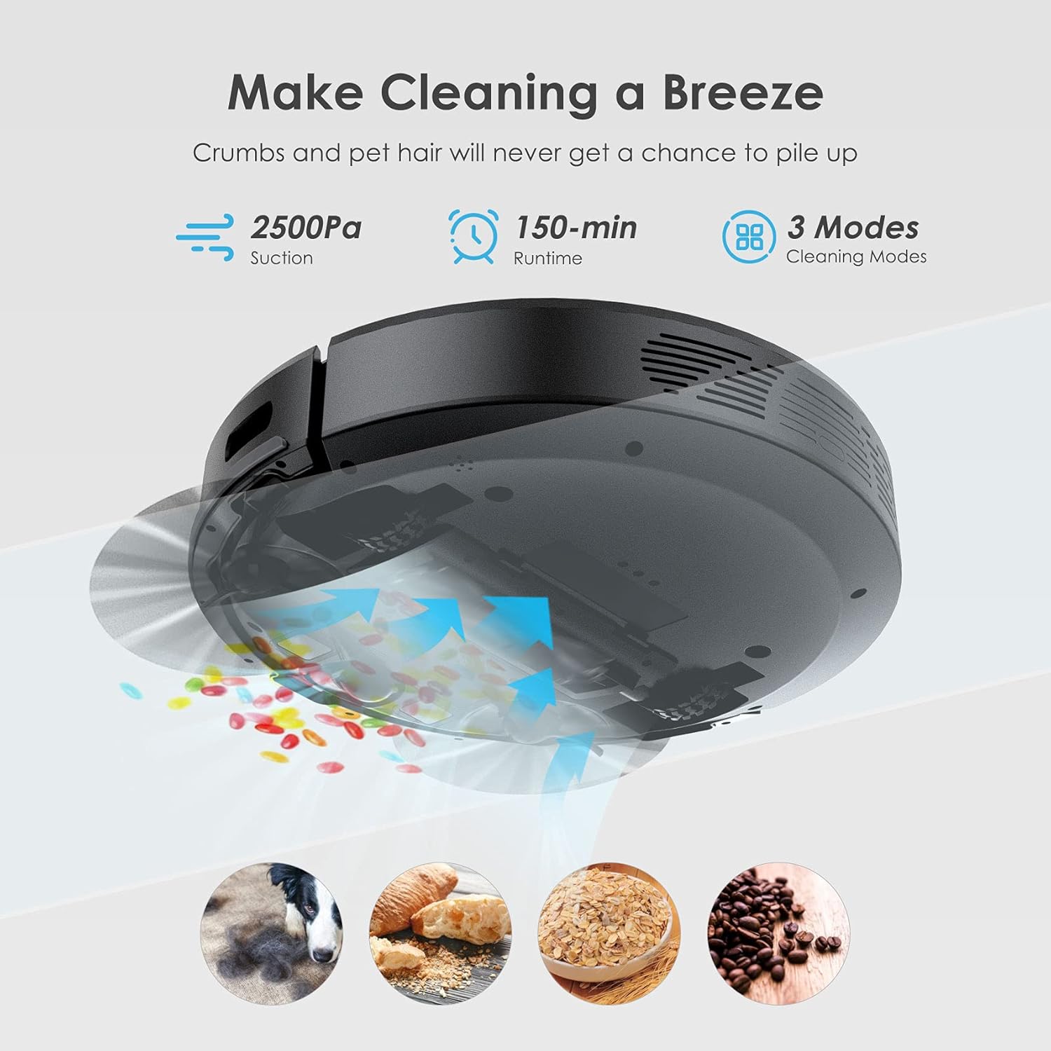 Thamtu G11 Robot Vacuum Cleaner, APP Control, 150Min Runtime, 2500Pa Suction, Slim, Quiet Cleaning, Good for Pet Hairs, Hard Floor, Medium-Pile Carpet