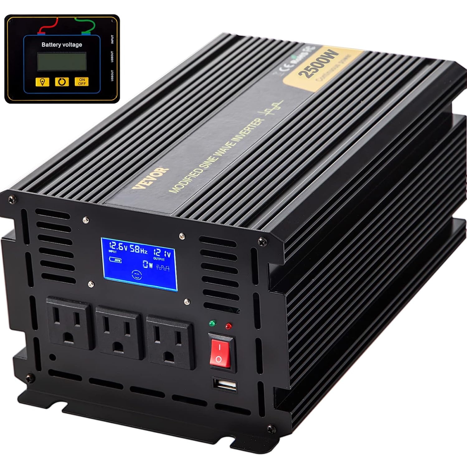 VEVOR Power Inverter, 2500W Modified Sine Wave Inverter, DC 12V to AC 120V Car Converter, with LCD Display, Remote Controller, LED Indicator, AC Outlets Inverter for Truck RV Car Boat Travel Camping