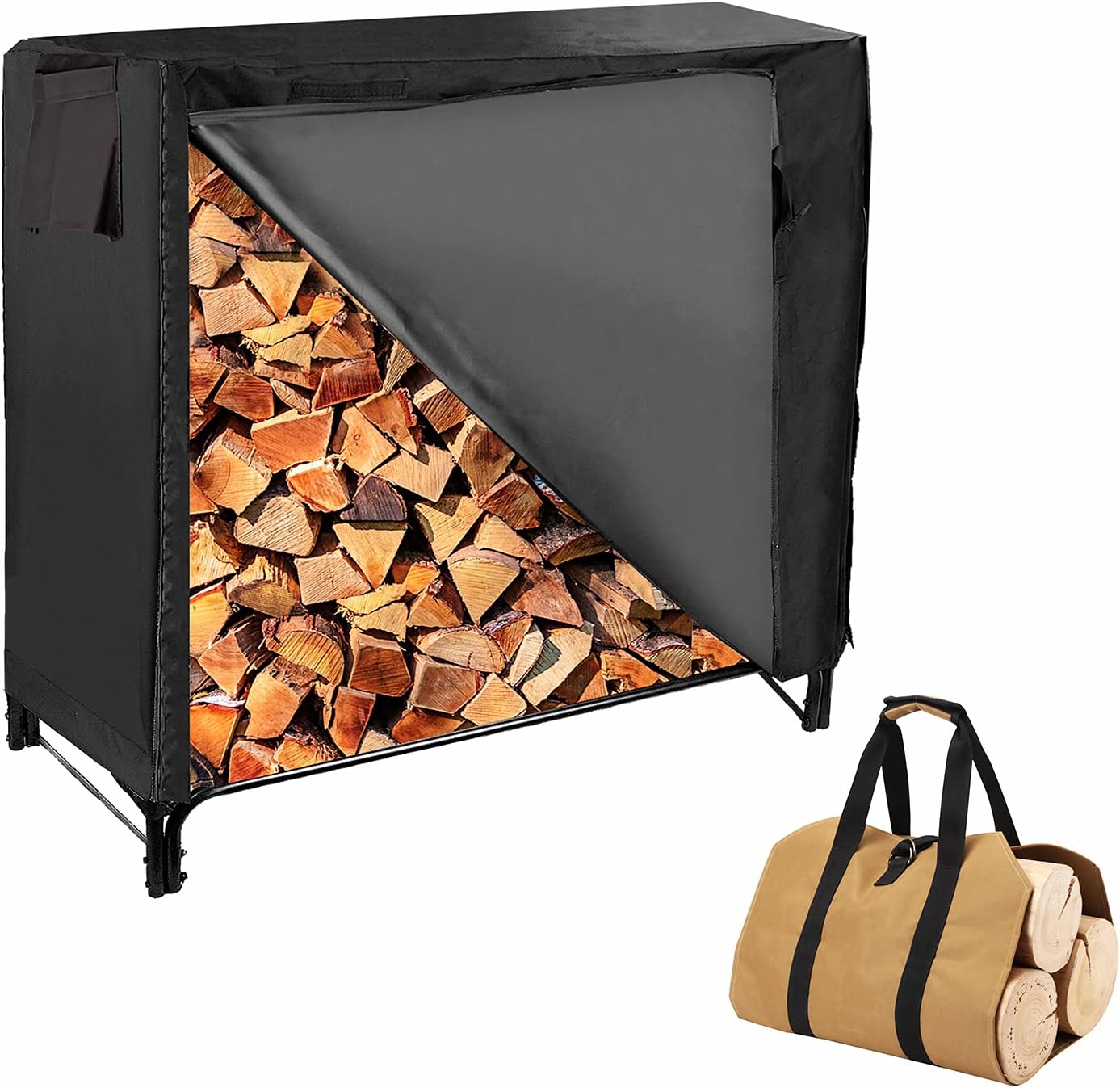 4-foot Fire Wood Racks Outdoor with Waterproof Cover and Wood Carrier Tote, Heavy Duty Log Rack Wood Holders Storage Set, Black Steel Tubular Lumber Rack & Cover, Brown Tote