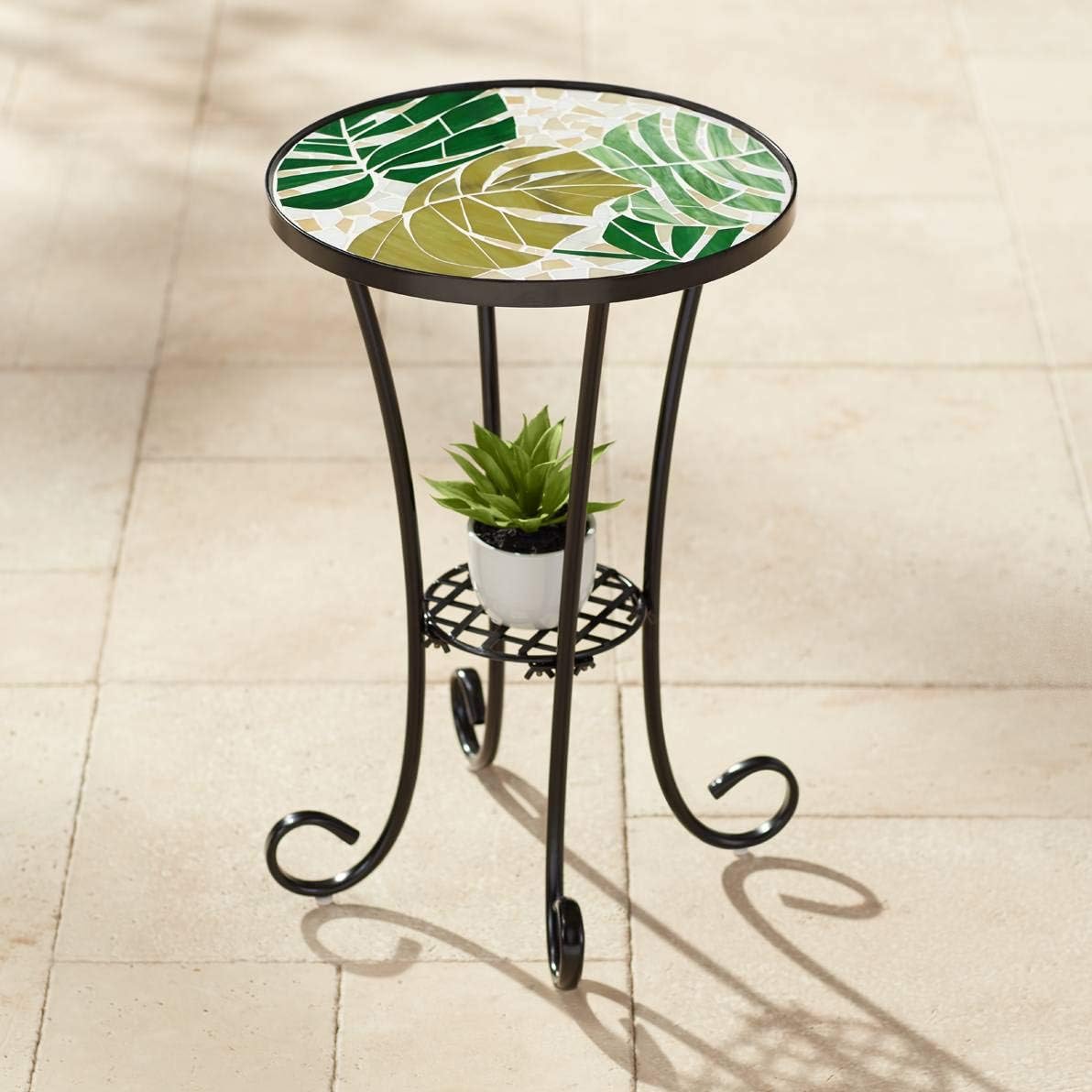 Teal Island Designs Tropical Leaves Mosaic Black Outdoor Accent Table