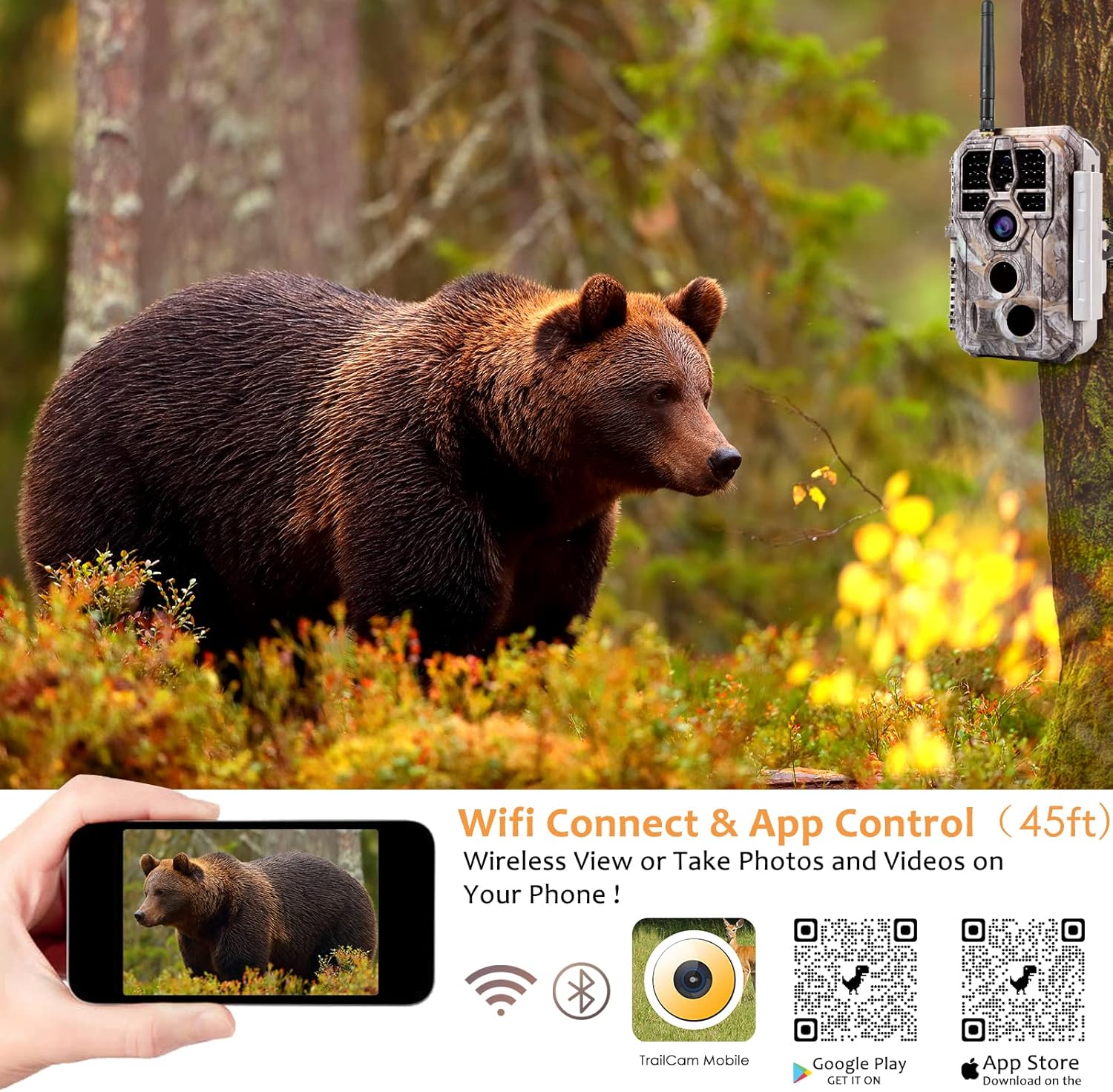 BlazeVideo Bluetooth WiFi Deer & Trail Game Camera 32MP 1296P No Glow Night Vision Time Lapse Waterproof Motion Activated Photo & Video Model for Wildlife Scouting Hunting & Home or Backyard Security