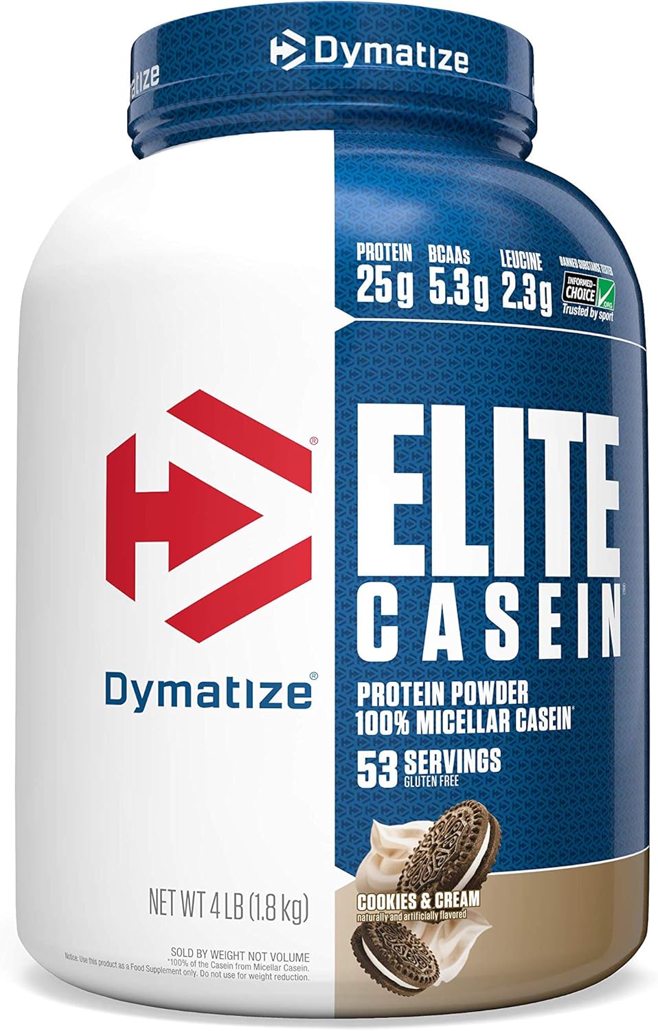 Dymatize Elite Casein Protein Powder, Slow Absorbing with Muscle Building Amino Acids, 100% Micellar Casein, 25g Protein, 5.3g BCAAs & 2.3g Leucine, Helps Overnight Recovery, Cookies & Cream, 4 lb Pack of 2