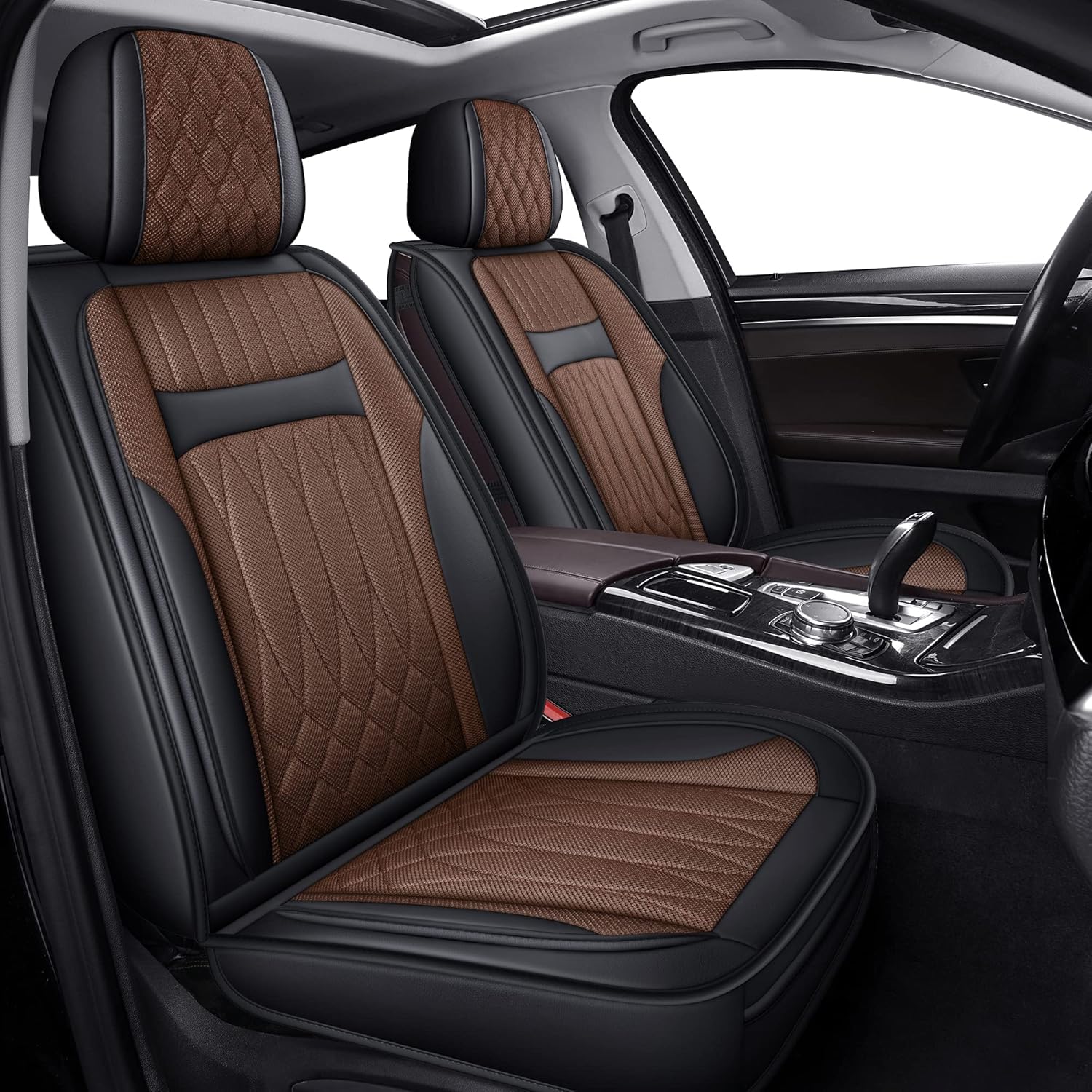 TZAUT-AXLE Faux Leather Automotive Seats Cushion Full Set for Car Seat Protectors, Waterproof and Cooling, Front and Rear Split Bench Car Seat Cover, Easy to Install, Interior Accessories Fit Universal Cars&SUV((Full Set, Brown)