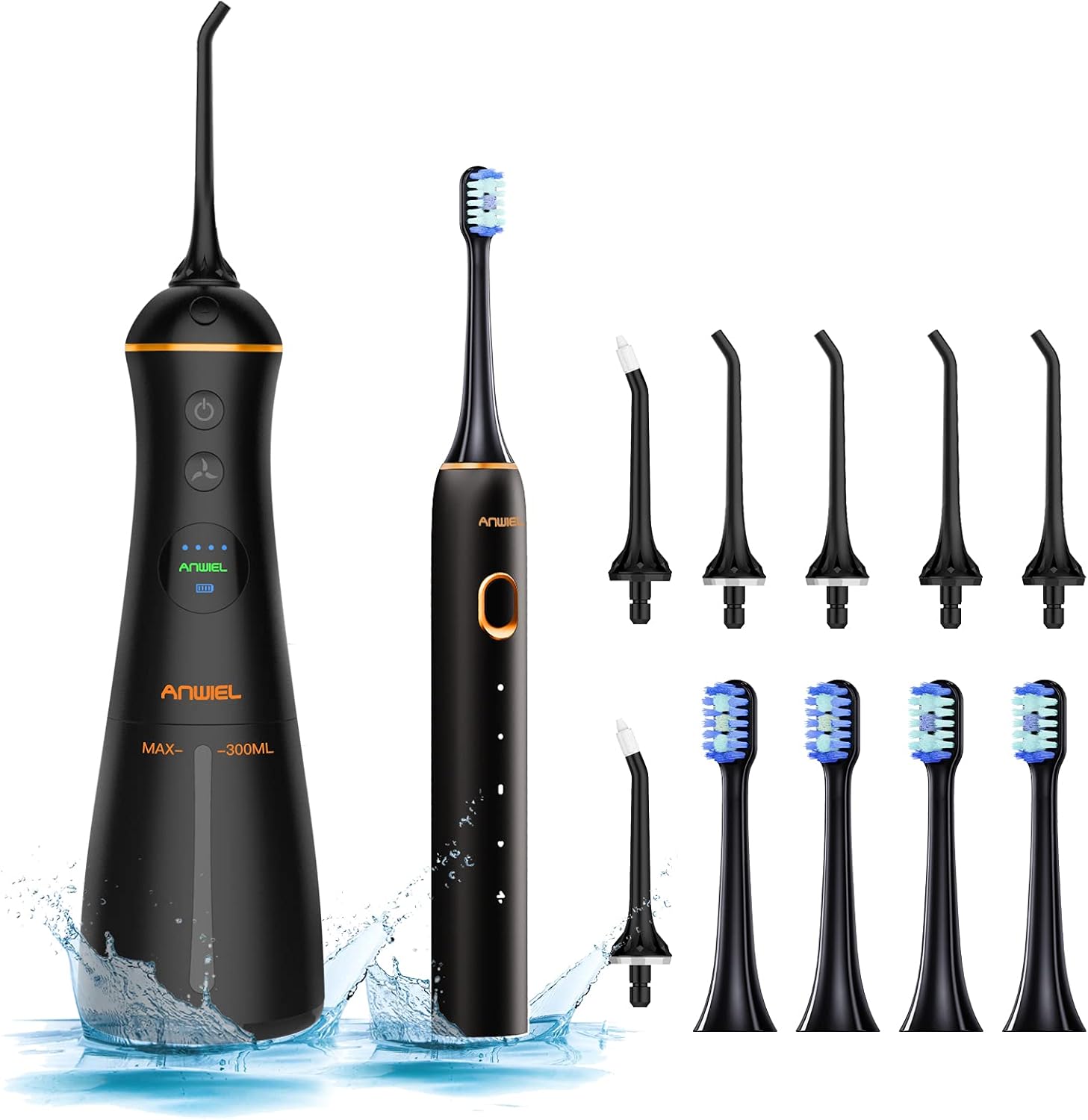 Water Flosser and Ultrasonic Electric Toothbrush Combo, 300ML Cordless Dental Oral Irrigator with DIY Modes, 6 Jet Tips & 4 Brush Heads, LCD Display & IPX7 Waterproof Teeth Cleaner for Home Travel Pack of 2