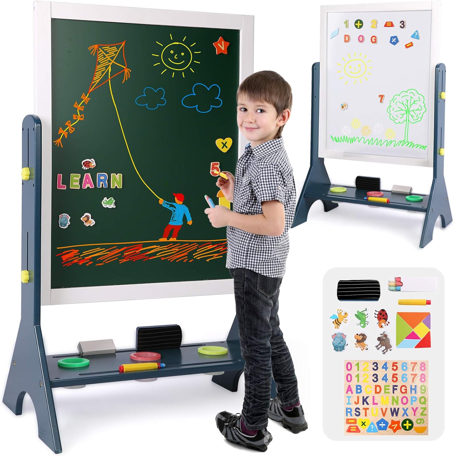 Kids 2-in-1 Wooden Art Easel,Double-Sided Magnetic Adjustable Standing Easel,Big Writing and Drawing Whiteboard & Chalkboard with Magnetic Letters and Numbers Accessories for Boys Girls
