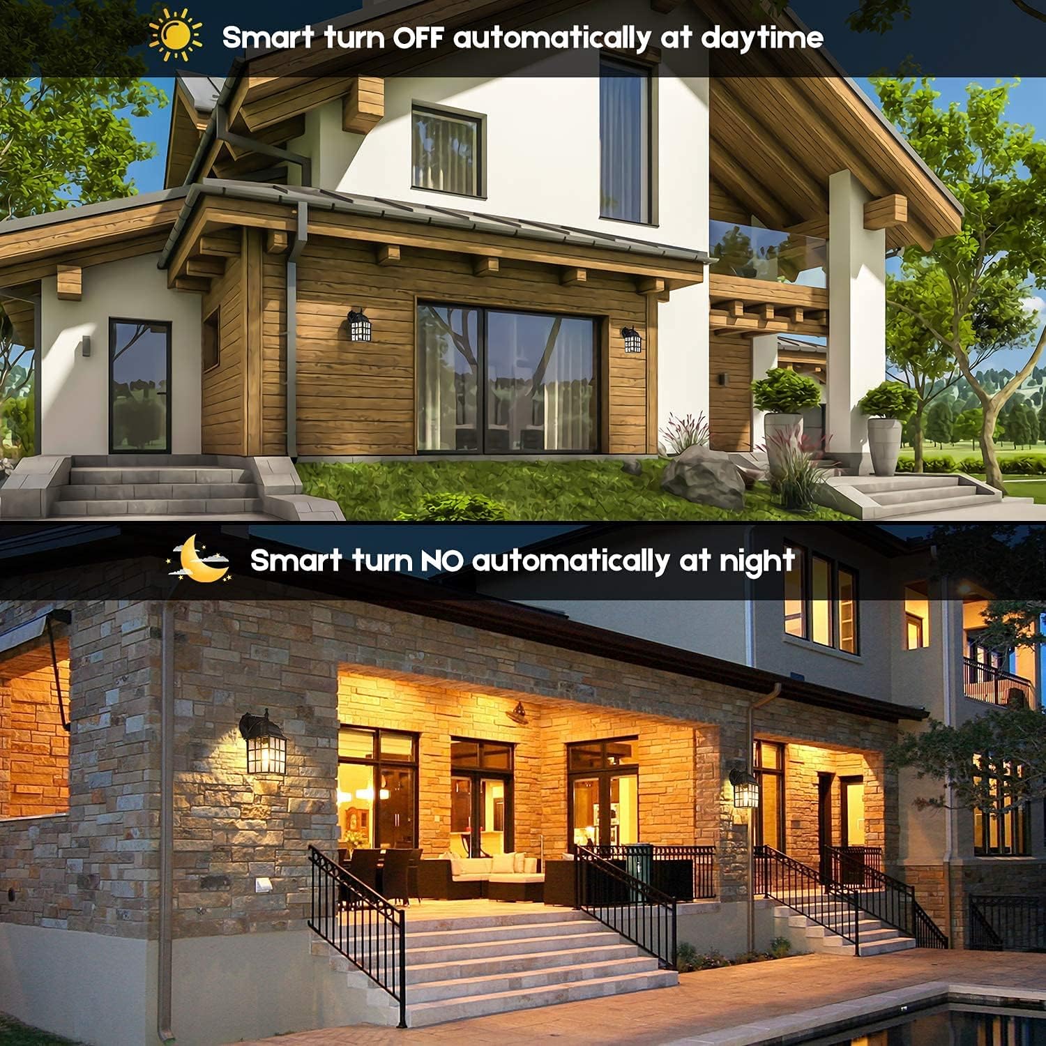 2-Pack Dusk to Dawn Outdoor Wall Lantern, Exterior Light Fixtures Wall Mount with Photocell Sensor, Black Wall Light Waterproof, Waterfall Glass Outside Wall Sconce for Porch House Garage