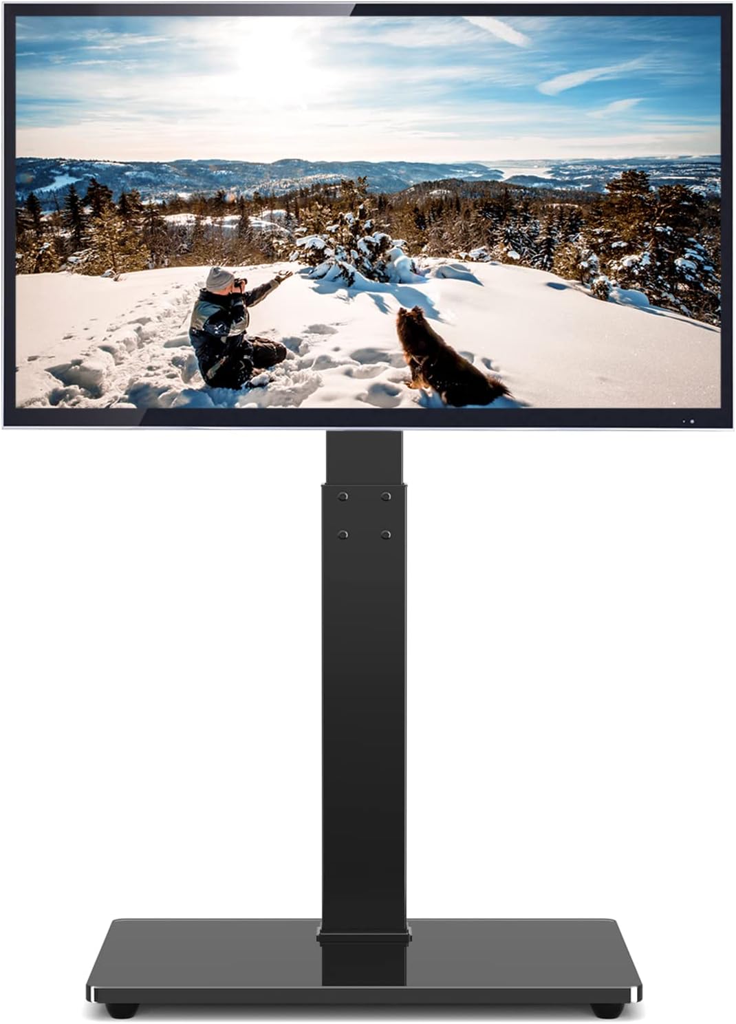 Universal Floor TV Stand Base with Swivel Height Adjustable Mount for 32 37 43 47 50 55 60 65 inch Plasma LCD LED OLED Flat or Curved Screen TVs, Black Tempered Glass Base for Media Storage