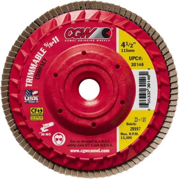 CGW 30142 Compact Trimmable Coated Flap Disc with Hub, 4-1/2 in Dia,