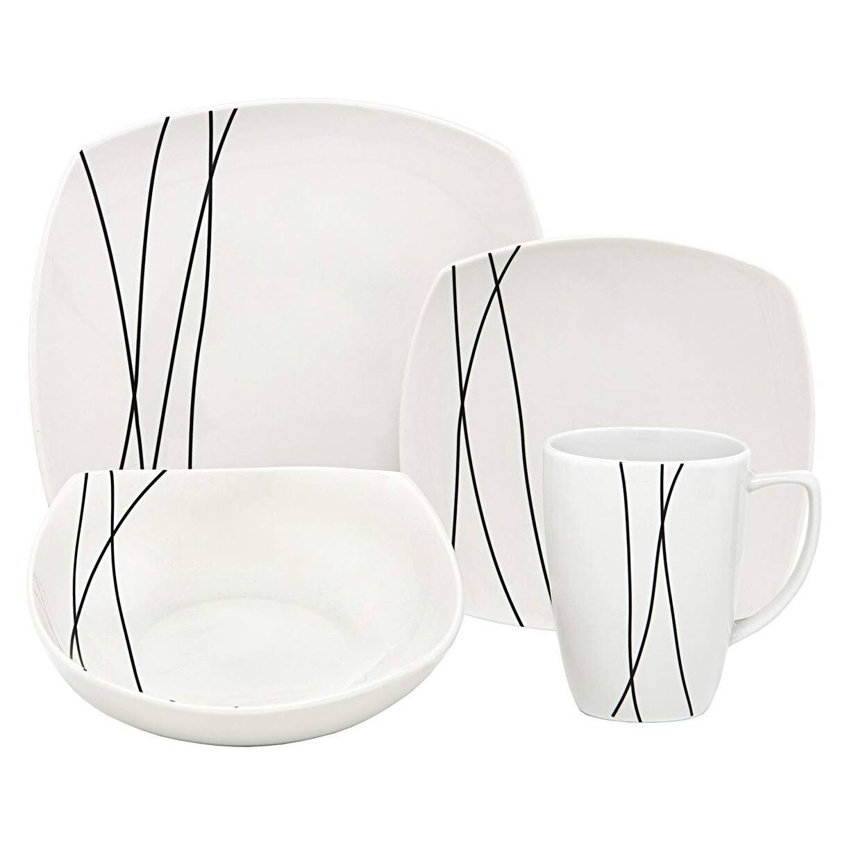 Melange Porcelain Square 32-Piece Dinner Set - Dinner PLATE, Salad PLATE, Soup Bowl u0026 Mug (8 Each)