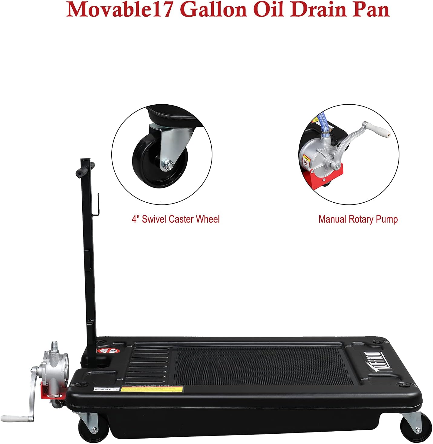 TUFFIOM Portable 17 Gallon Oil Drain Pan with Pump & Foldable T-Handle, Low Profile Oil Change Pan with 8' Hose & Swivel Caster Wheel for SUV Car & Trucks, No-Spill with Tray Mesh, Black