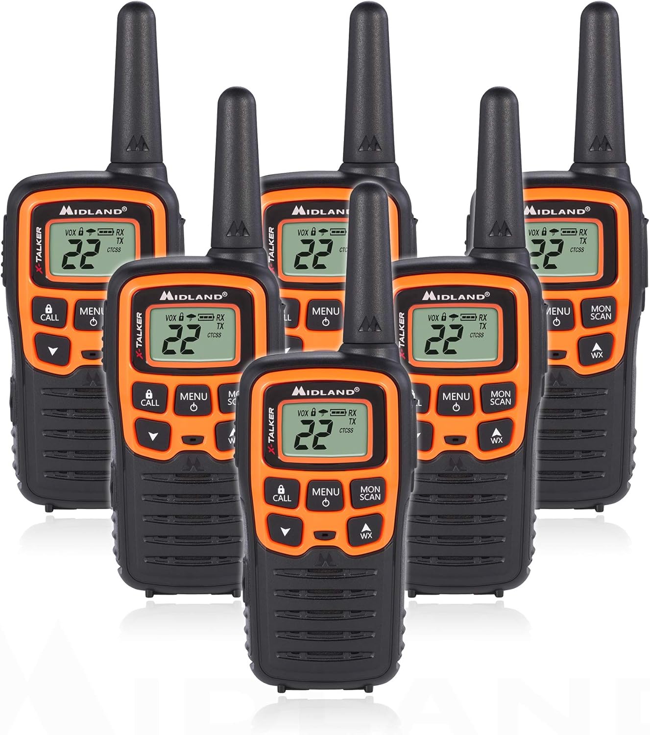 Midland T51VP3 22 Channel FRS Walkie Talkie - Up to 28 Mile Range Two-Way Radio - Orange/Black (Pack of 6)