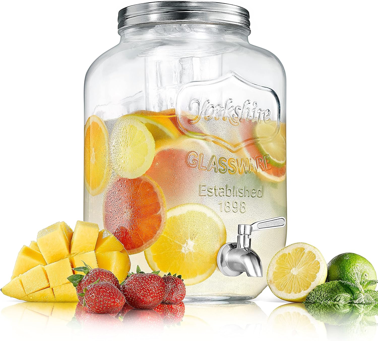 NutriChef 2-Gallon Glass Beverage Dispenser - Mason Jar Style Drink Container Jug w/ Stainless Steel Spigot & Plastic Ice Infuser, Wide Mouth Easy Filling, 100% Leak-proof Lid, For Party or Daily Use Pack of 2
