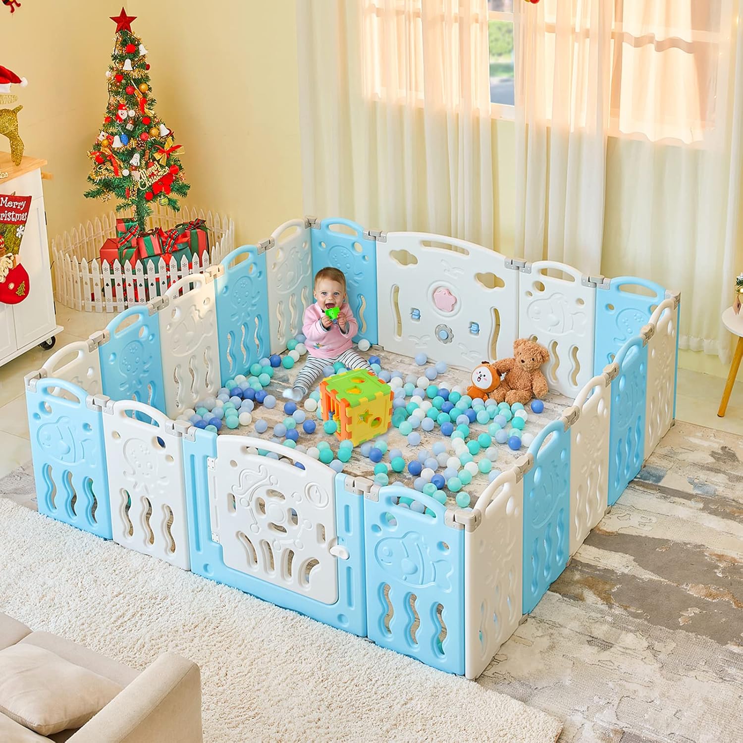 Albott Baby Playpen 14 Panels Safety Sturdy Kids Play Center Yard - Kids Activity Center for Indoor Outdoor Portable Play Yard with Gate for Baby Sky Blue 12+2 Panels