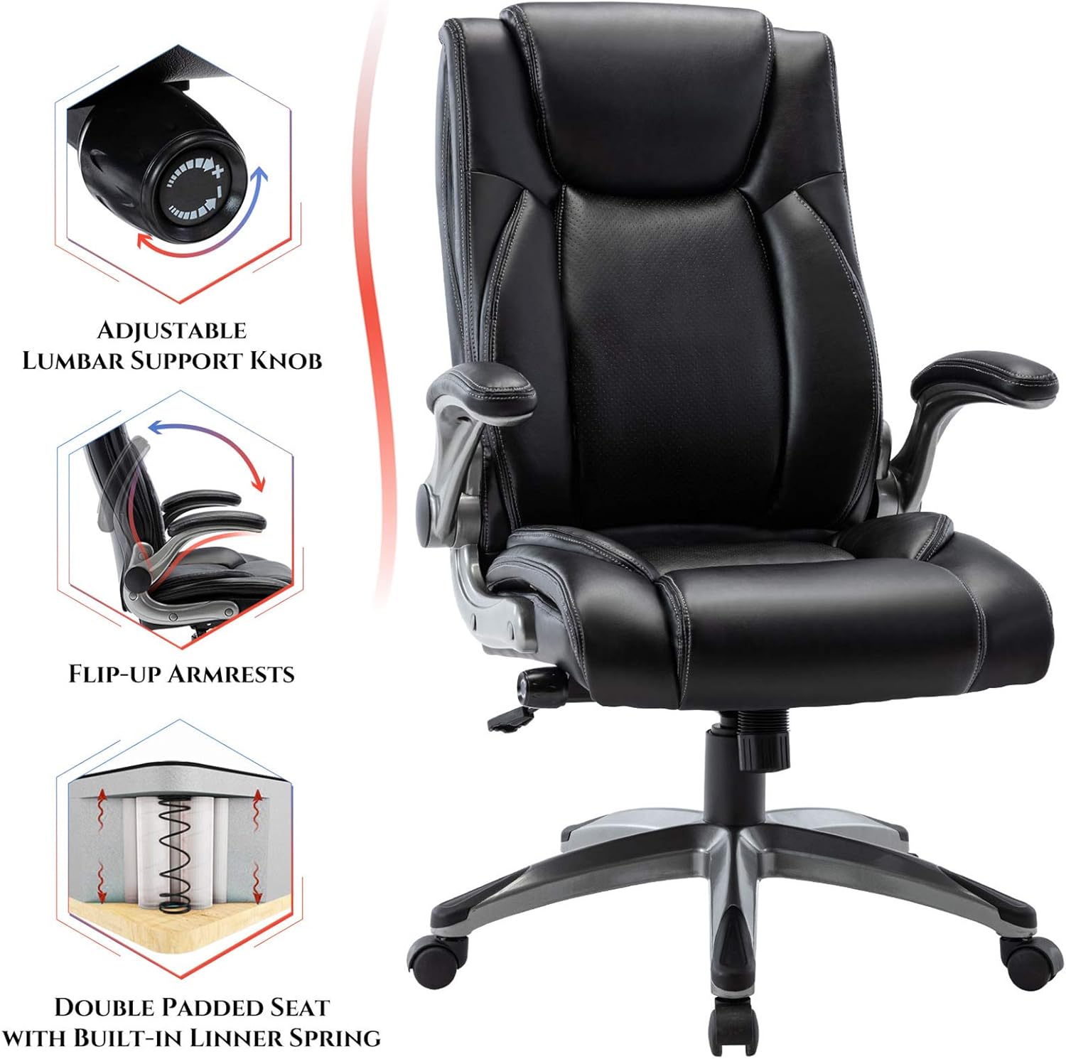 COLAMY Office Chair High Back Executive Computer Desk Chair - Flip-up Arms and Adjustable Lumbar Support Rock Tension Swivel Chair Thick Padding for Comfort and Ergonomic Design (Black)
