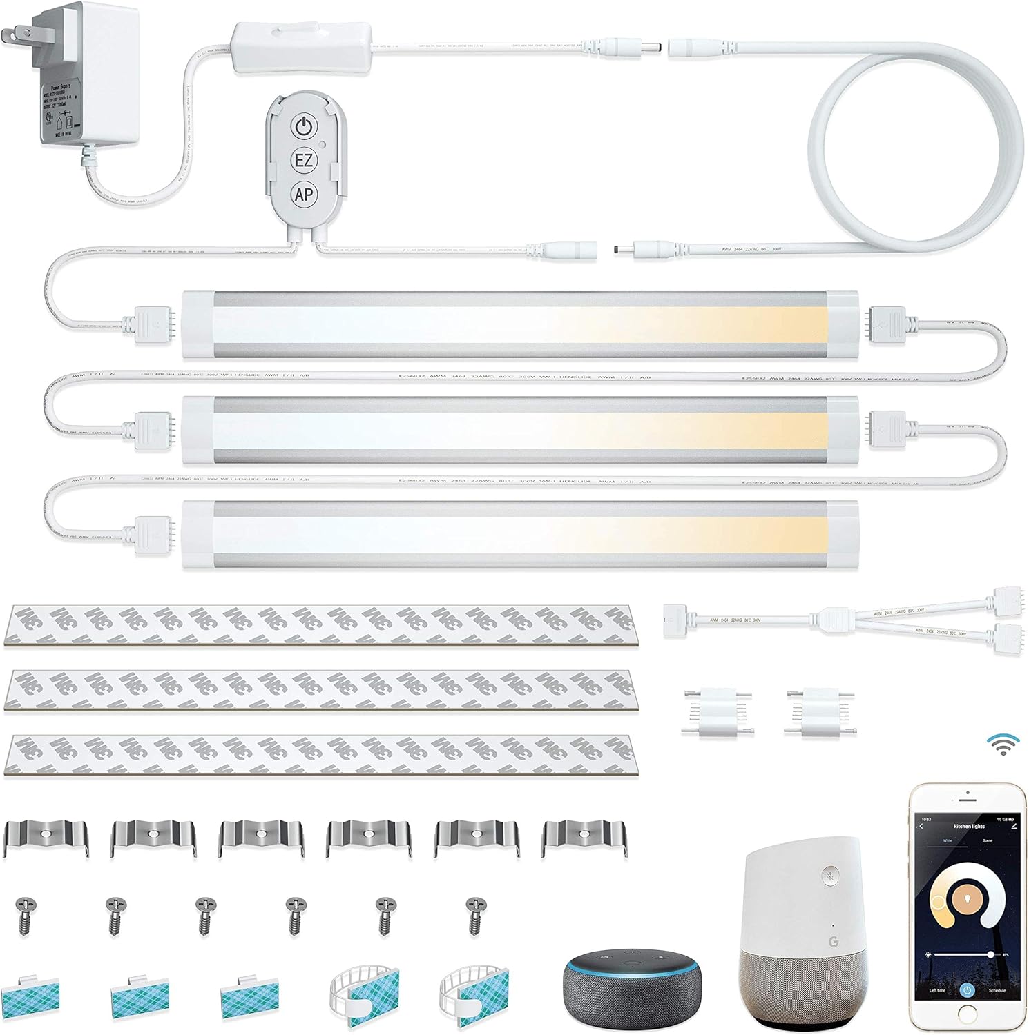 Smart Under Cabinet Lights Work with Alexa Echo, Google ,Siri, LED Light for Kitchen Shelf Counter Lighting with App, Voice Activated Dimmable and Linkable Warm to Cool White (3 Lights Bar Kit)