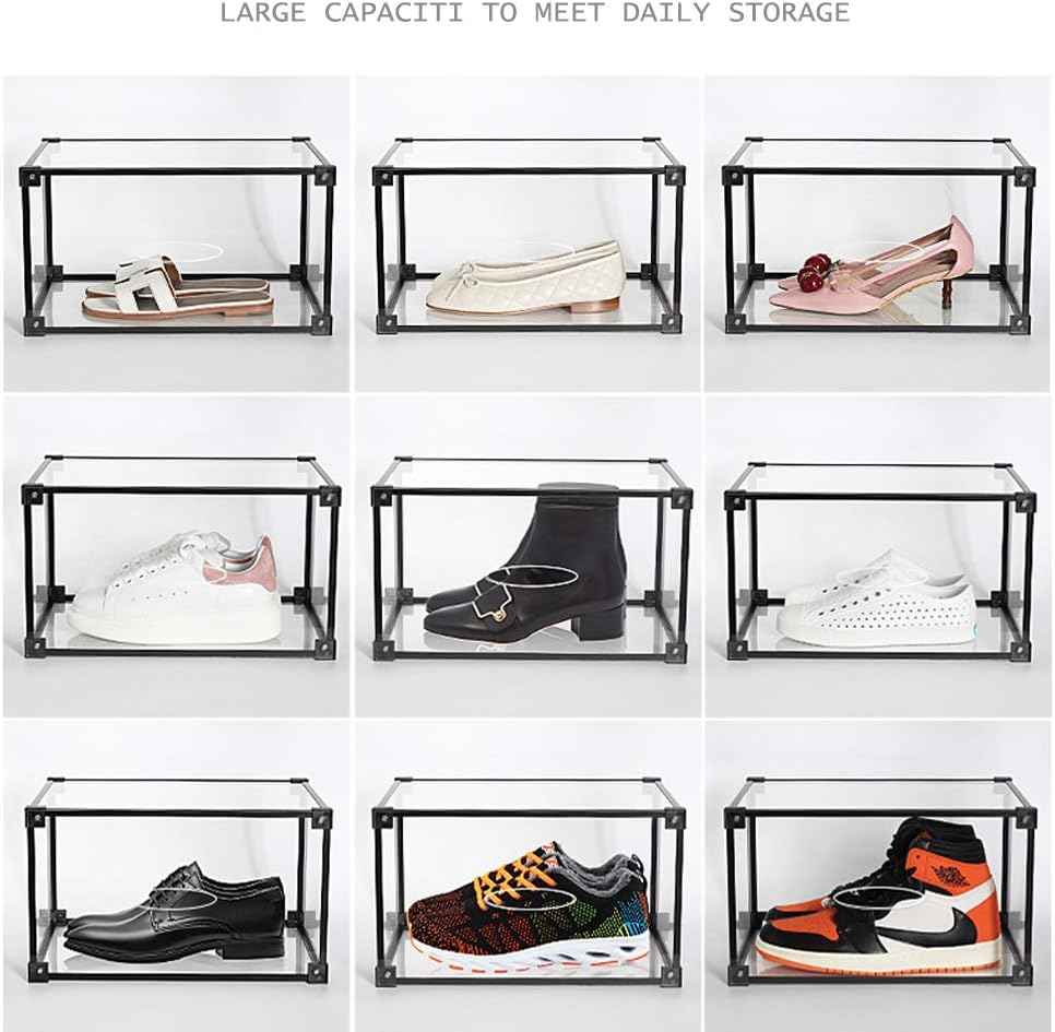 KOKOIN Magnetic Side Open Transparent Plastic Storage Shoe Box Storage Shoe Box Sneaker Storage Box Display Box Shoe Container Clear Closet Shelf Shoe Organizer (Black 8PC)