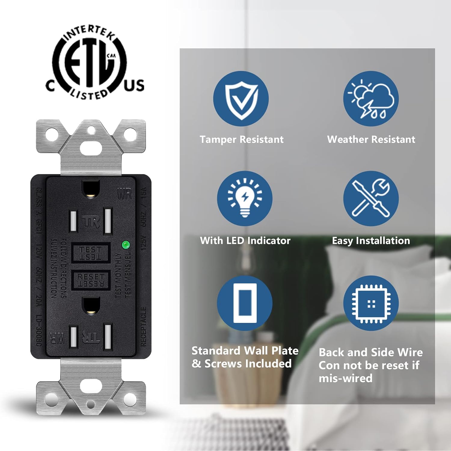 NineLeaf 2 Pack 15Amp GFCI Outlet Receptacles, Tamper-Resistant (TR) Weather-Resistant (WR) with LED Indicator,Decorative Wall Plates and Screws Included, ETL Certified, Black