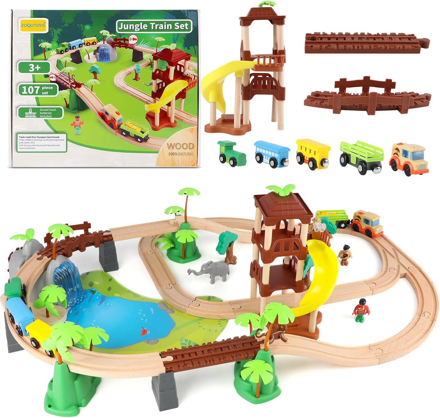 Joqutoys Wooden Train Set, 107 Pcs Toy Train Set with Battery Operated Train & 2 Sound Tracks, Premium Wood Train Tracks Toys for Toddlers 3,4,5 Years Old