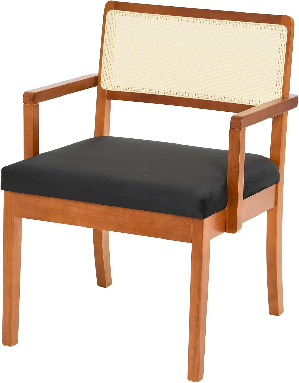 Creative Co-Op Crawford Mid-Century Modern Solid Wood Chair with Natural Cane Back Velvet Accent Arm Chain, Black