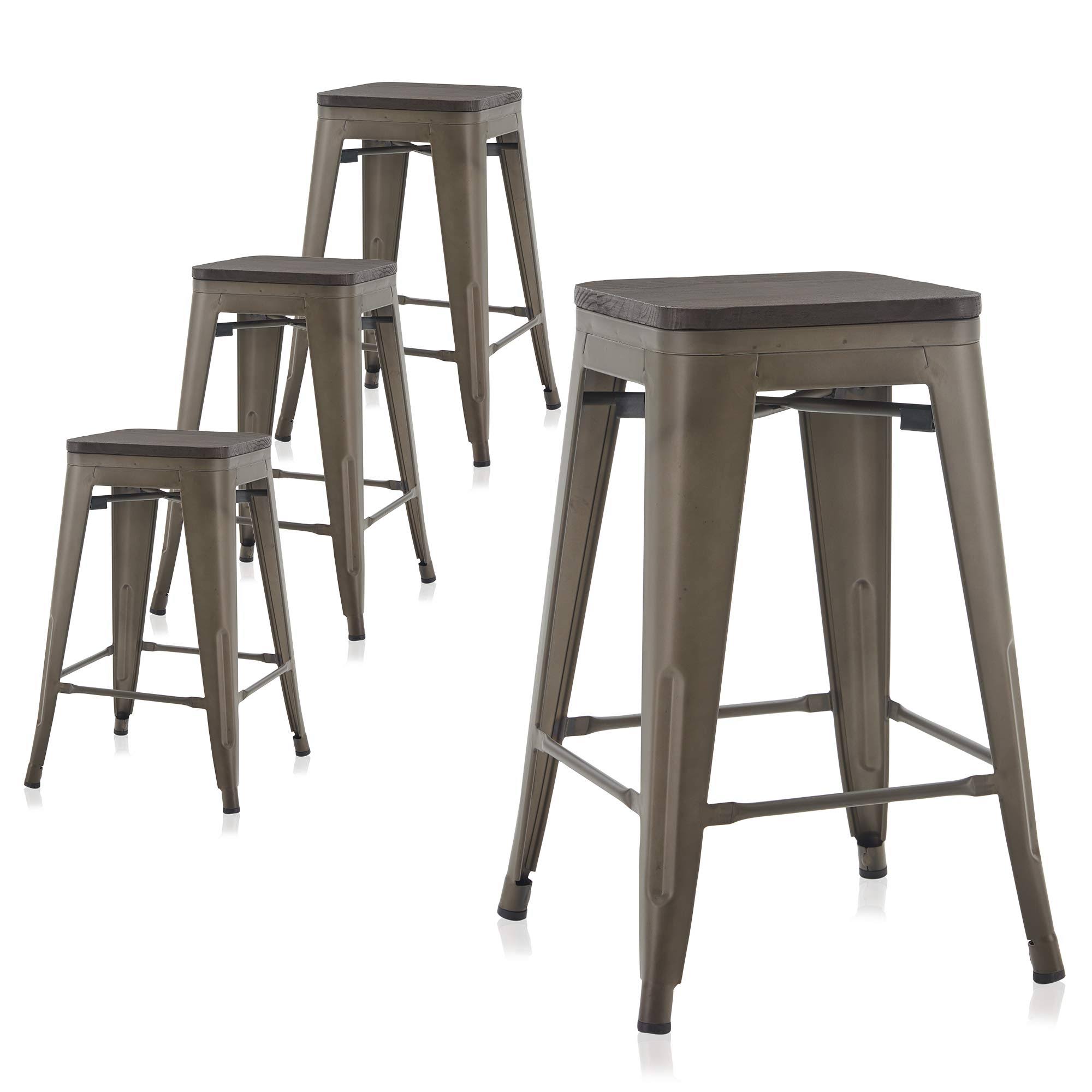 BELLEZE Alexander Set of 4, 24inch Industrial Metal Bar Stools Dining Chairs with Wood SEAT, Indoor/Outdoor Stackable Counter He