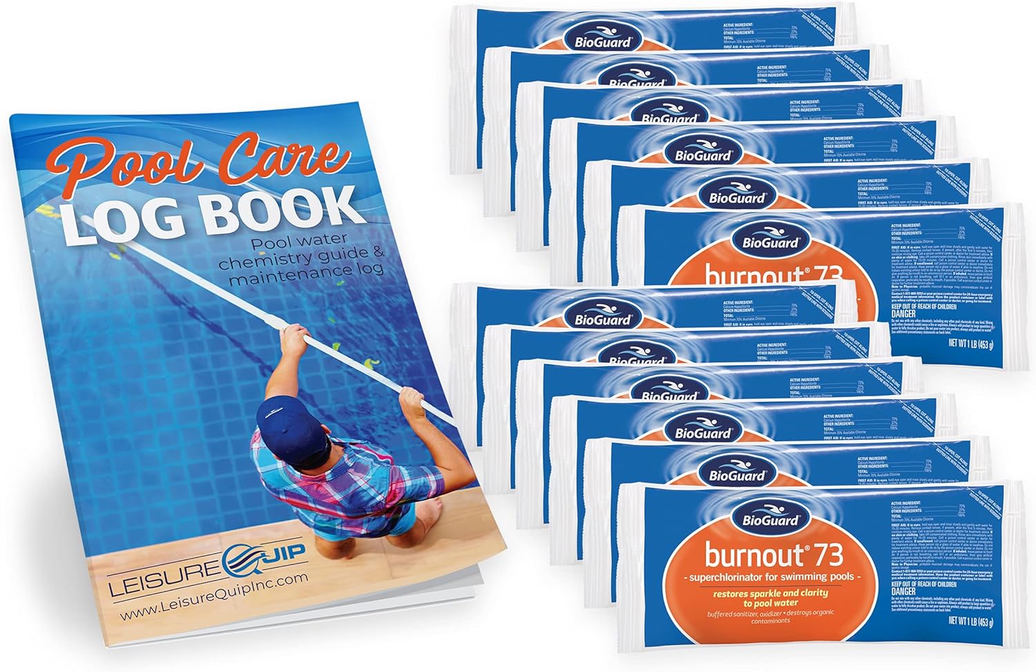 LeisureQuip BioGuard 12 Pack Burnout 73 (1 lb) Swimming Pool Shock with Pool Care Log Book (12 Pack), 22860BIO Pack of 2