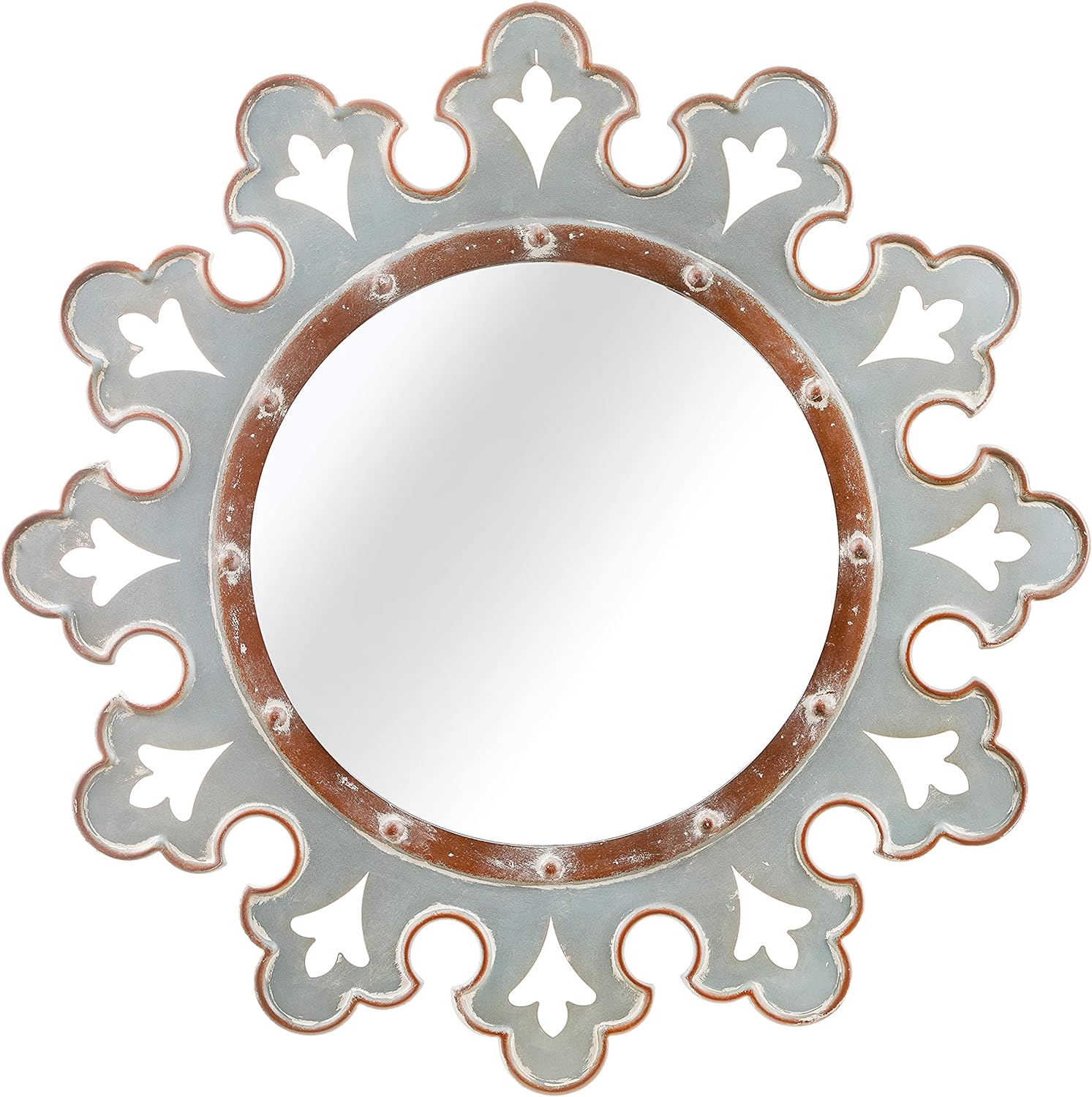 Ka Home Vintage Wall Mirror - Metal Starburst Mirror with Rustic Weathered Blue Finish - Round Rustic Mirror for Vanity or Wall Accent - 27.5 inches