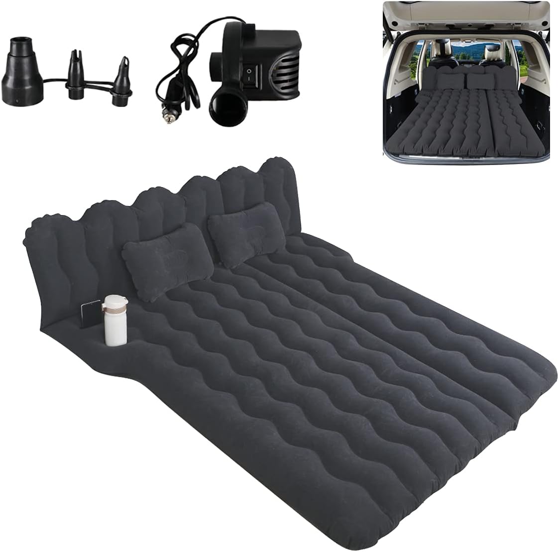 Canodoky SUV Air Mattress, Inflatable Car Mattress Bottle and Phone Holder Thickened Flocking & PVC Surface Car Bed with Electric Air Pump Travel Mattress for Car Camping Road Trip (Black) Pack of 2