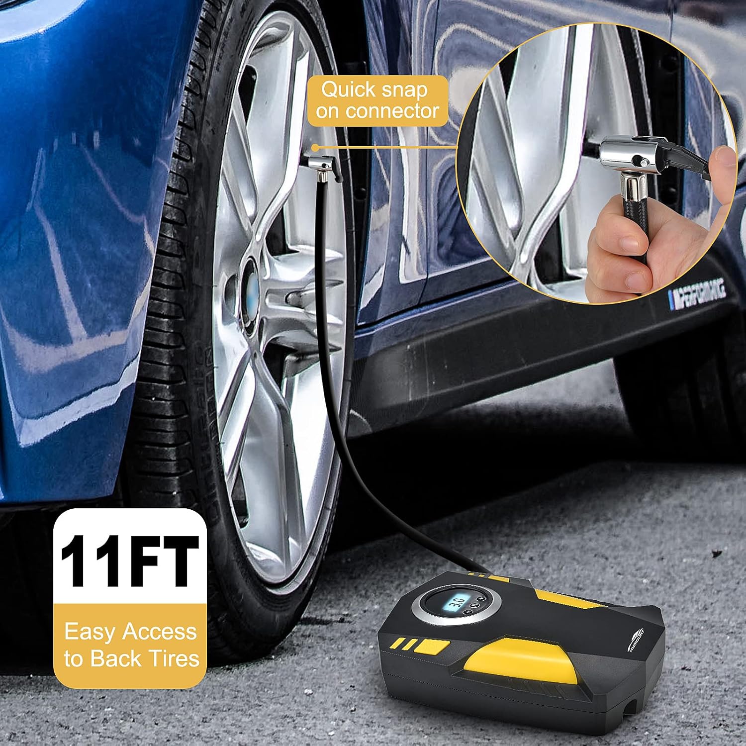 HYMOUNT Portable Air Compressor, Electric Tire Inflator for Car Tires, 12V DC Electric Air Pump, with 3 Nozzle Attachments for Pool Toys/Bike and Digital LED Pressure Gauge Display Pack of 2