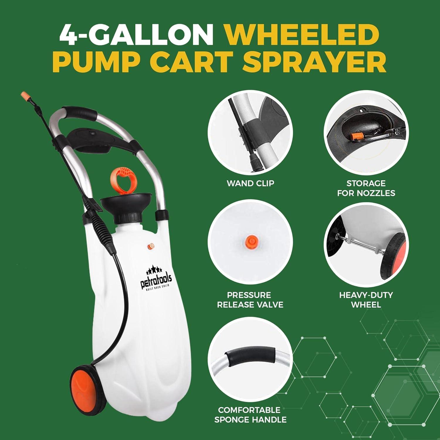 PetraTools 4 Gallon Mini Manual Wheeled Pump Cart Sprayer with Pressure Relief Valve, Adjustable HD Wand with Nozzle Attachment & Convenient Wheel Design, MP4