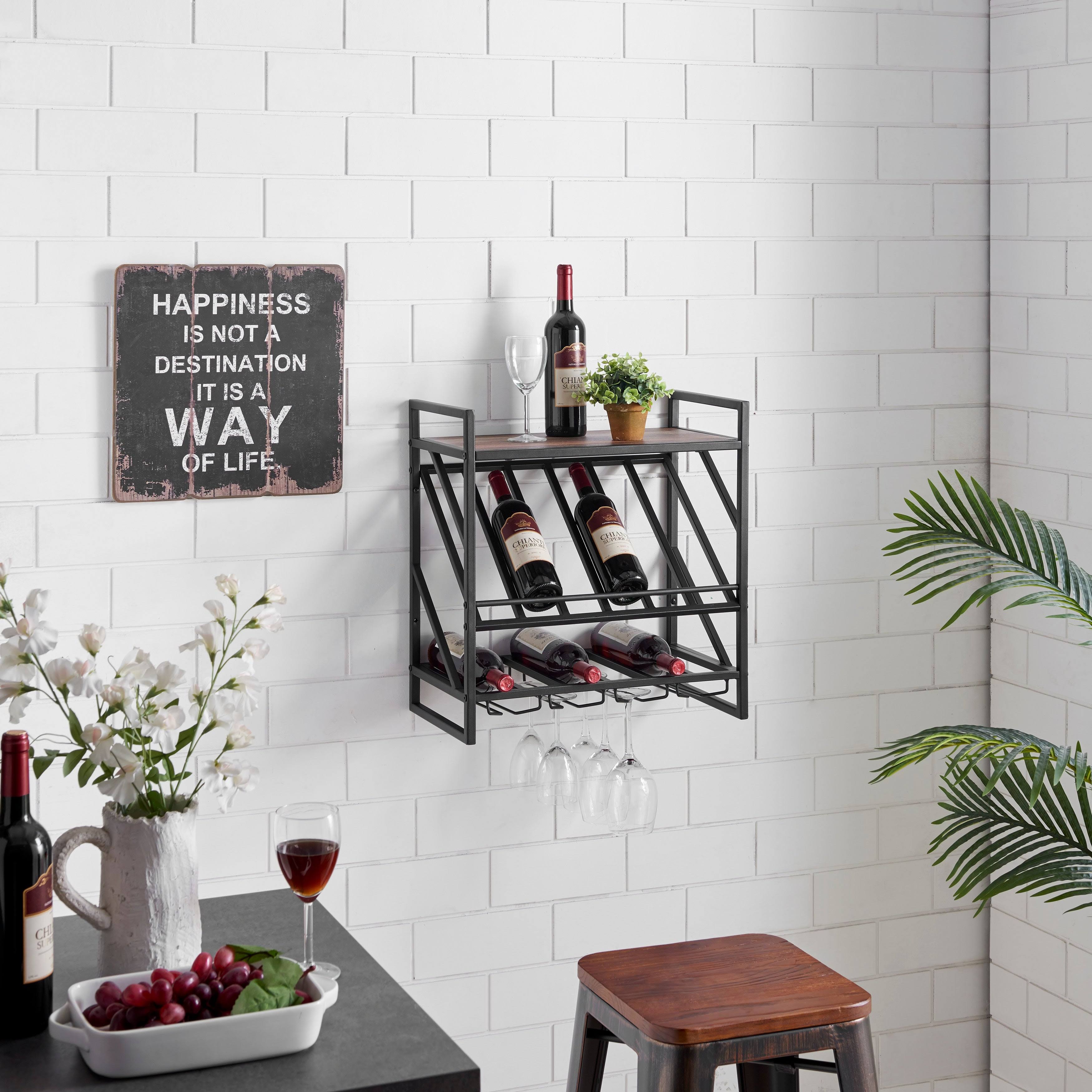 Industrial Wall Mount Metal Wine Rack with Shelf and Stemware Rack (Brown)