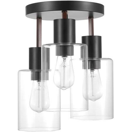 Globe Electric 60981 Sedona 3 Flush Mount Ceiling Light Faux Wood Accents, Clear Glass Shades, Matte Black