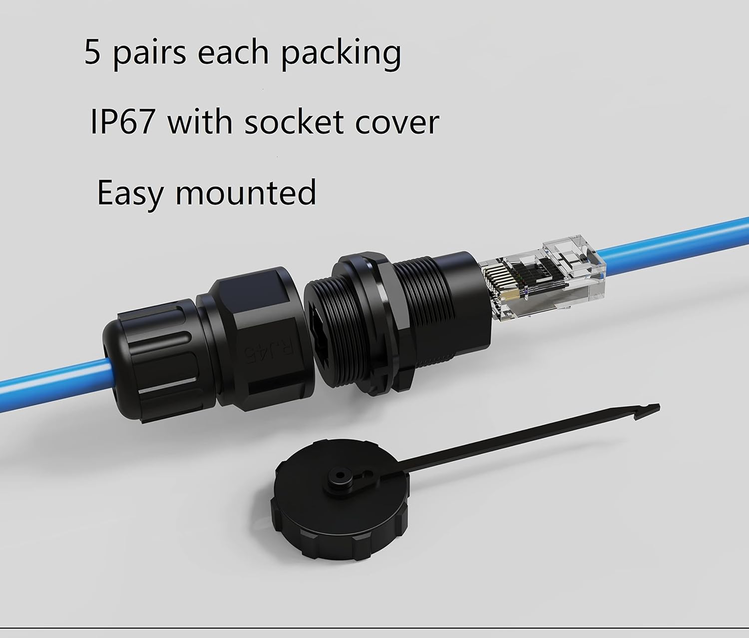 Axawibe 5 pcs RJ45 Waterproof Cat5/6 Connector, with Socket dust Cap. Ethernet LAN Cable Connector, Network Cable Outdoor LAN Coupler Adapter Male to Female, black