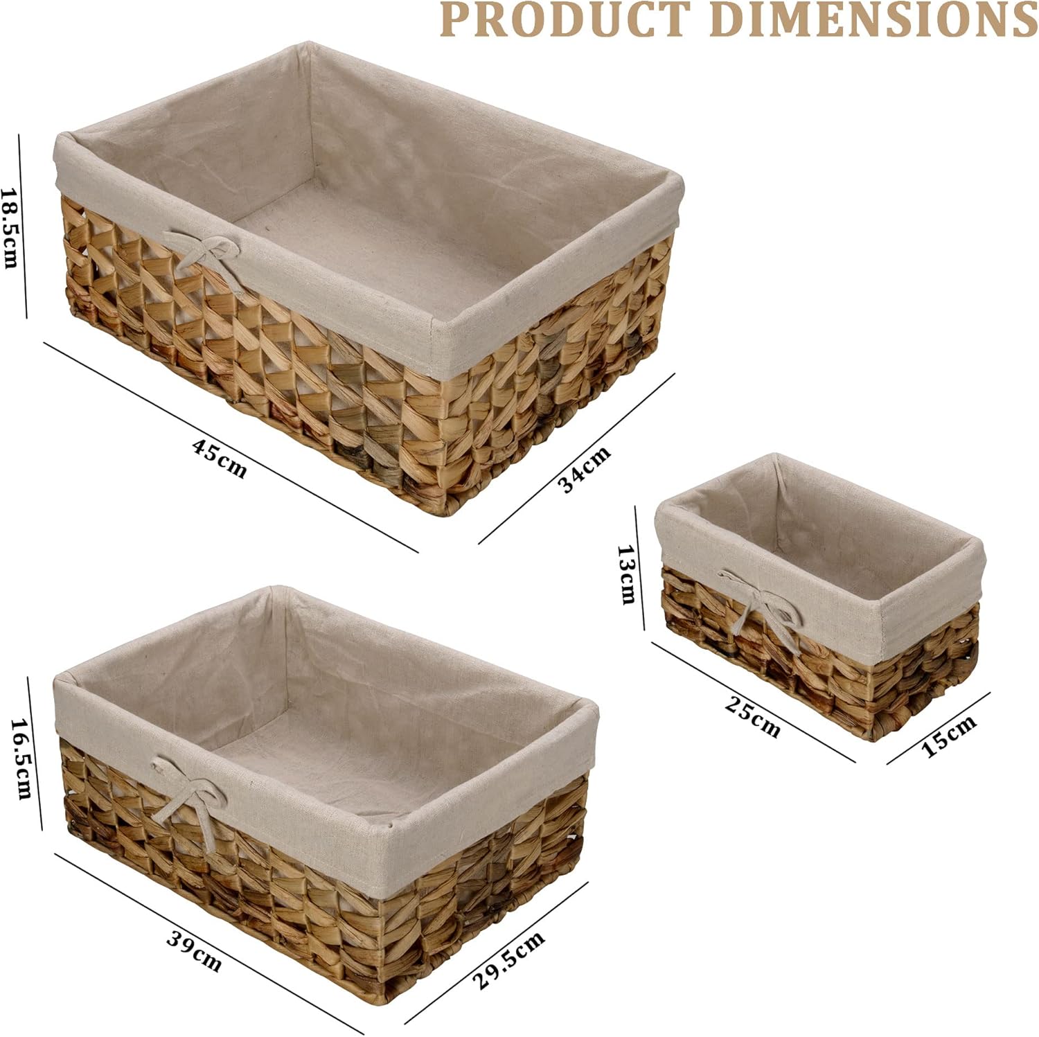Natural Hyacinth Wicker Storage Baskets, Hand Woven, Set of 3 (Large, Medium, Small) Water Hyacinth Baskets, for Living Room, Organizing Decorative, Woven Basket Organizer Bins, with Detachable Lining Pack of 2