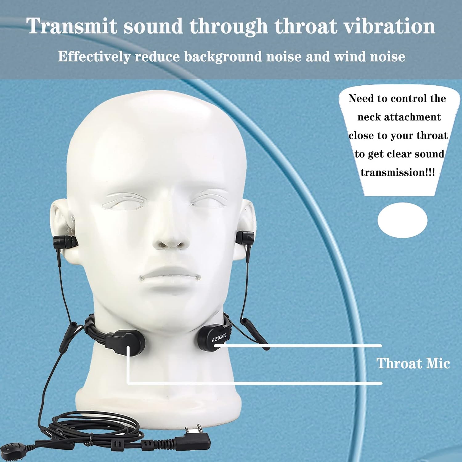 Retevis ETK007 Adjustable Throat Mic Walkie Talkie Earpiece, Compatible with Retevis RT22 RT21 H-777 RT68 Walkie Talkies, 2 Way Radio Headset with Finger PTT and Two Earplugs for Cycling(1 Pack)