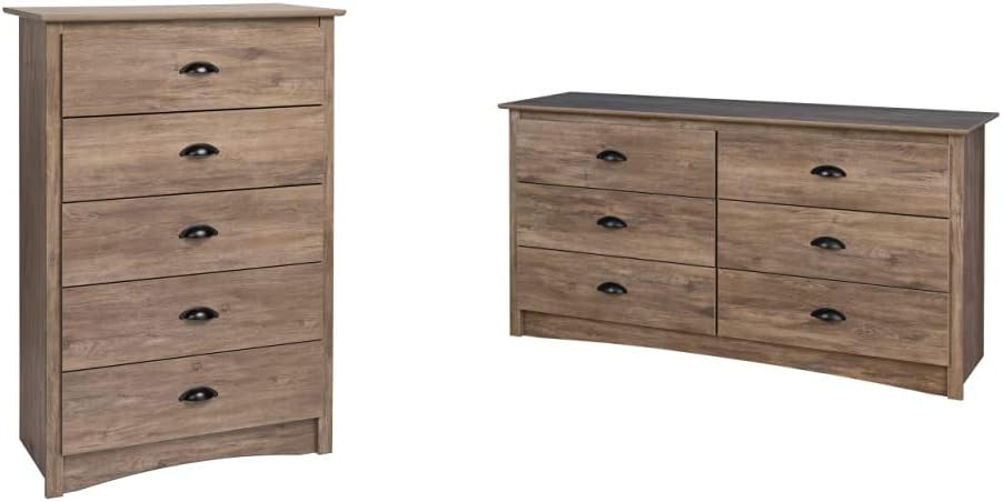 Prepac Salt Spring 5-Drawer Chest, Drifted Gray & Salt Spring 6 Drawer Dresser, Drifted Gray