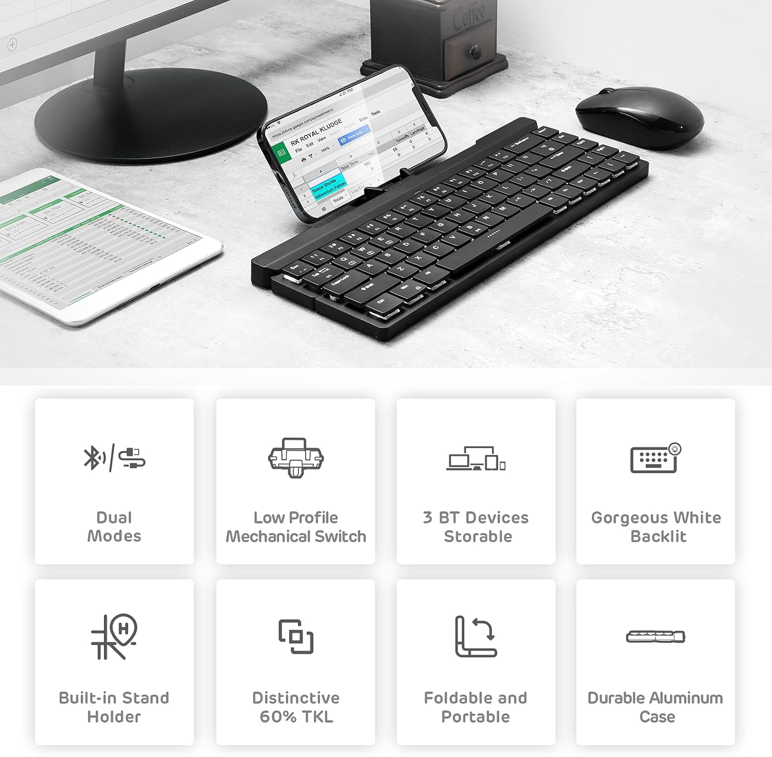 RK ROYAL KLUDGE RK925 68 Keys 60% Foldable Mechanical Keyboard with Aluminum Body, Built-in Stand Holder, Wireless Bluetooth Mechanical Keyboard with White Backlit, Low Profile Clicky White Switches Pack of 2
