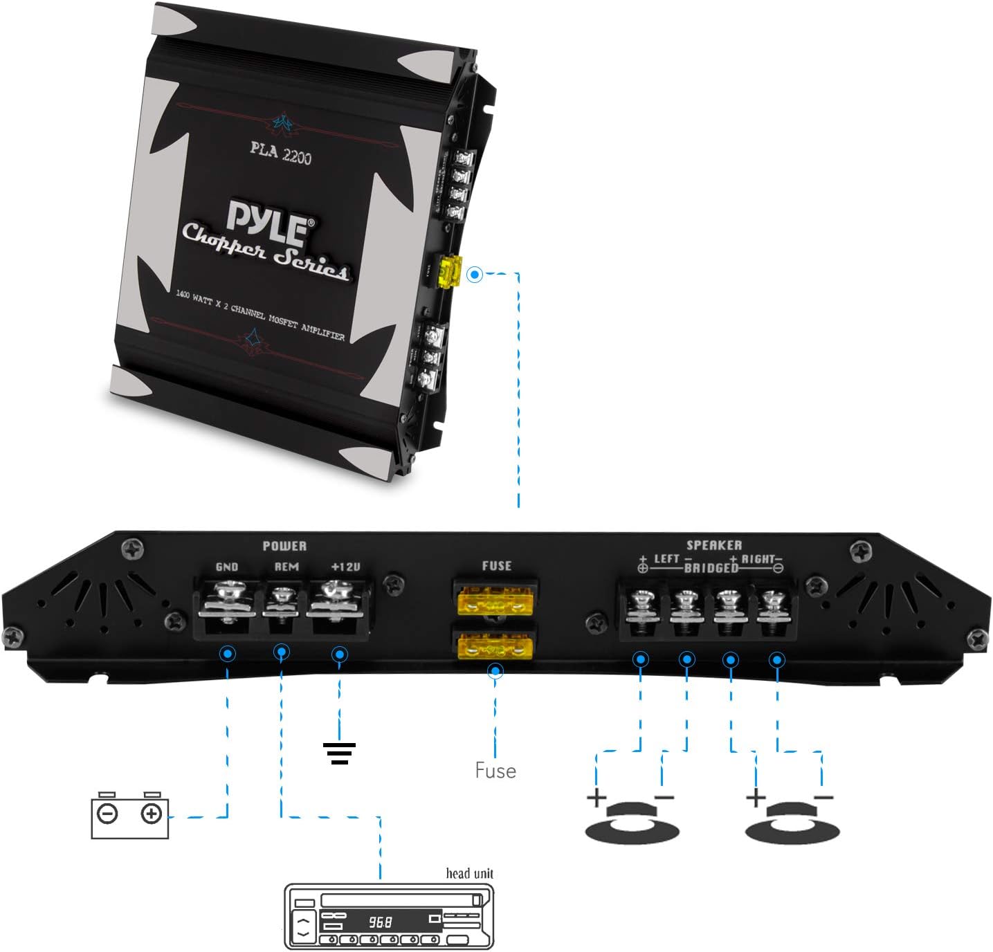 2 Channel Car Stereo Amplifier - 1400W Dual Channel Bridgeable High Power MOSFET Audio Sound Auto Small Speaker Amp w/ Crossover, Bass Boost Control, Gold Plated RCA Input Output - Pyle PLA2200, Black
