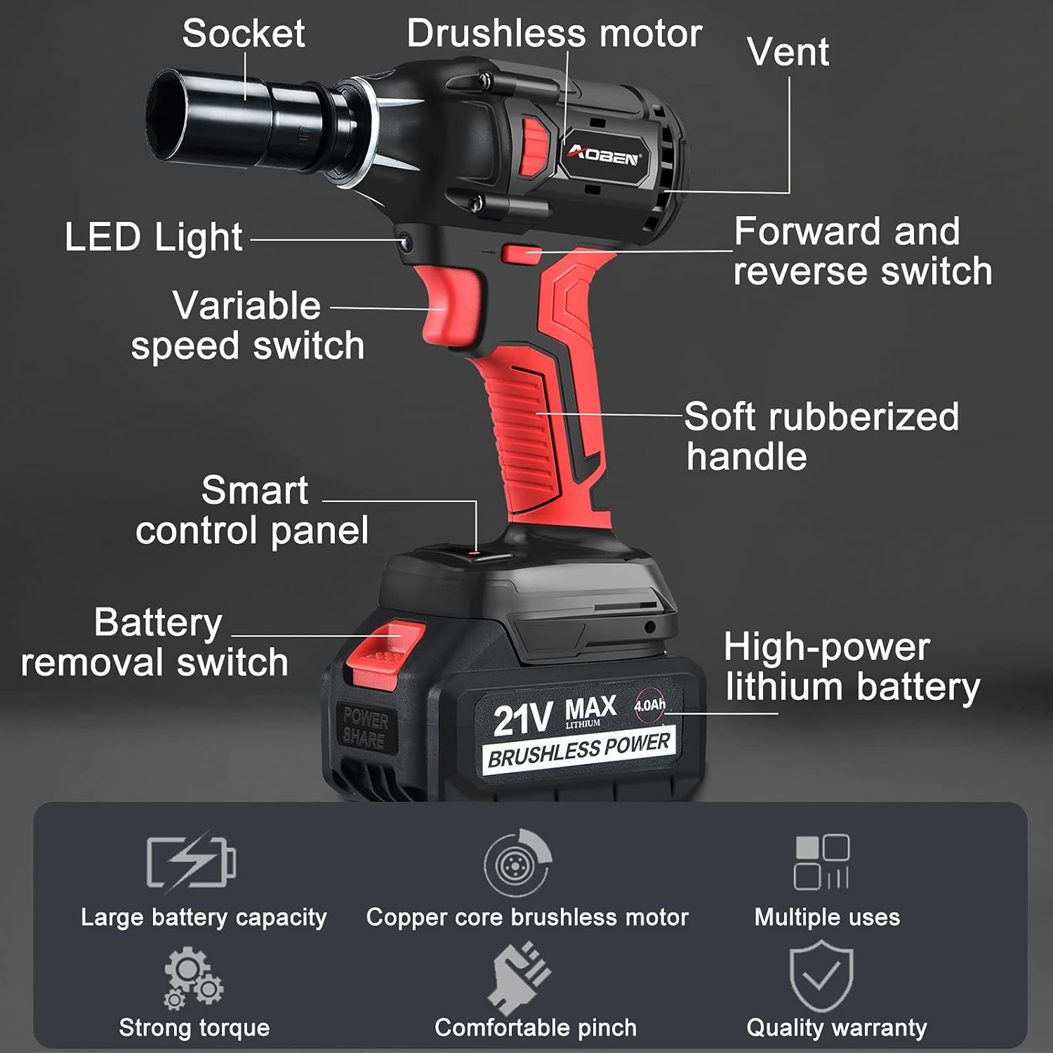 AOBEN 21V Cordless Impact Wrench Powerful Brushless Motor with 1/2