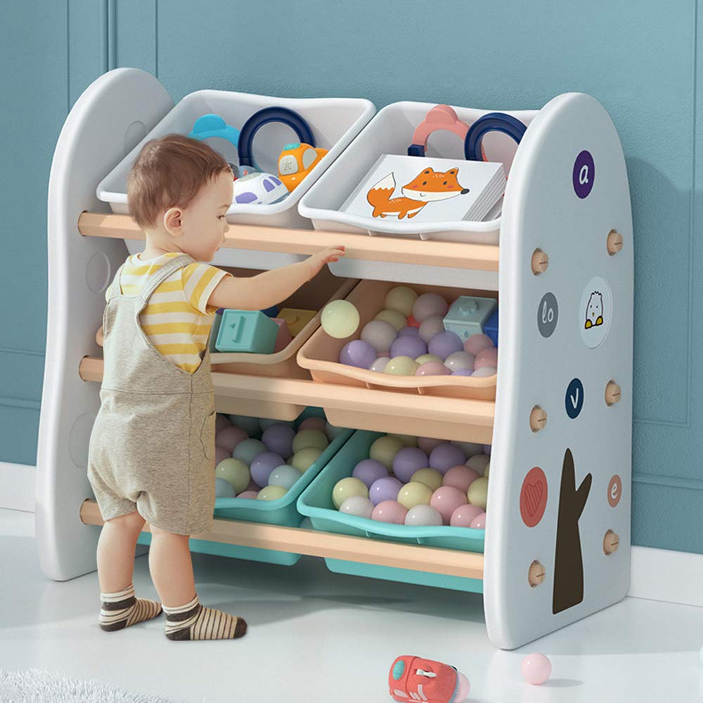 HIYOHIYO Kids Toy Storage Organizer with 6 Plastic Bins, Cute Carton Toy Storage Bins for Kids Organizer for Kids Cute Room Decor, White Color Pack of 2