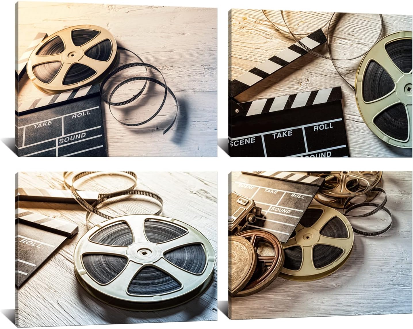 Derkymo 4 Panels Vintage Canvas Wall Art Film Camera Chalkboard and Roll on Wooden Table Modern Home Art Stretched and Framed Ready to Hang Each Piece 12