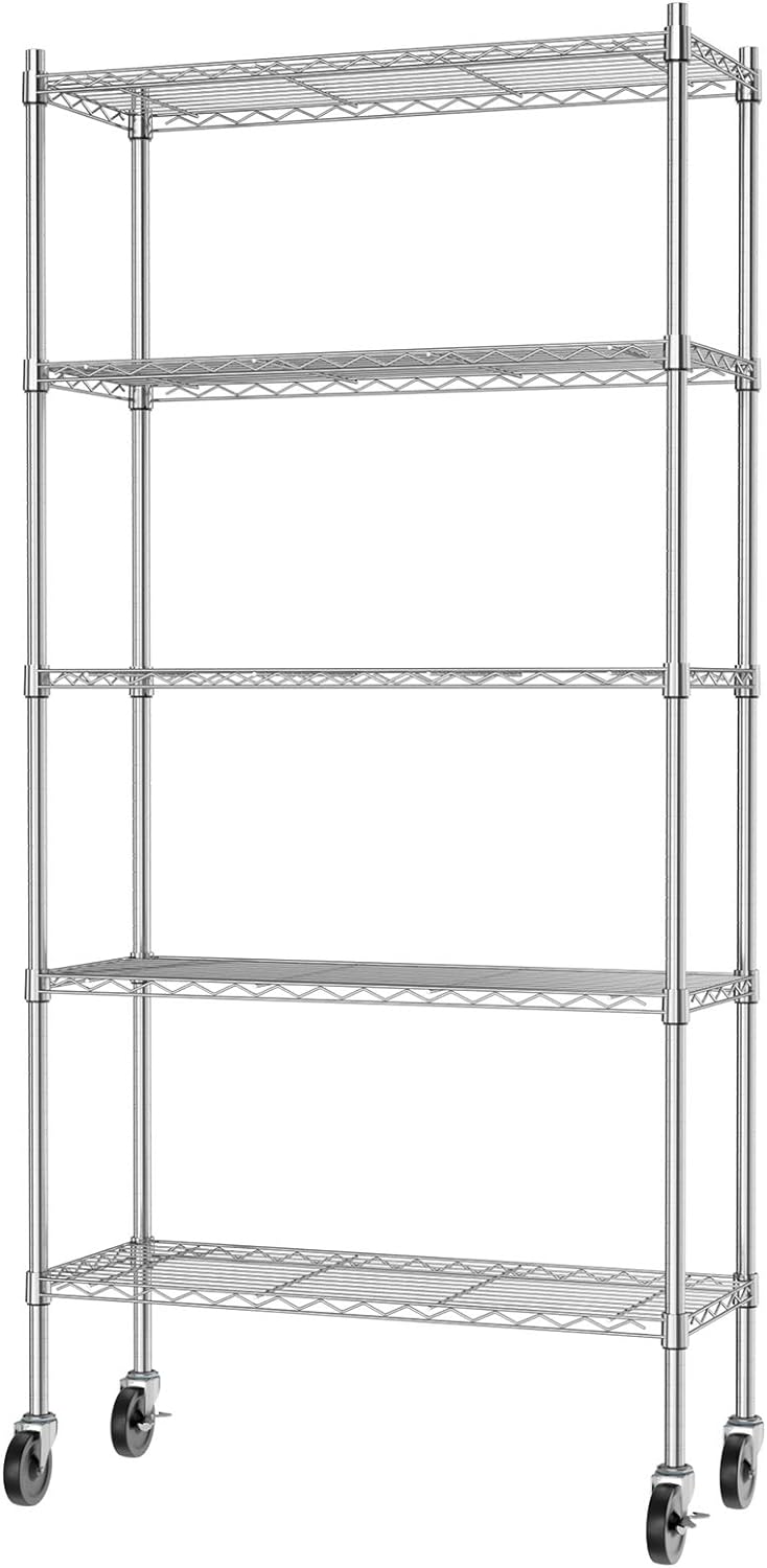 Auslar 5-Shelf Storage Shelves with Casters Heavy Duty 5 Tiers Rolling Cart Utility Racks Adjustable Wire Metal Shelving, Chrome