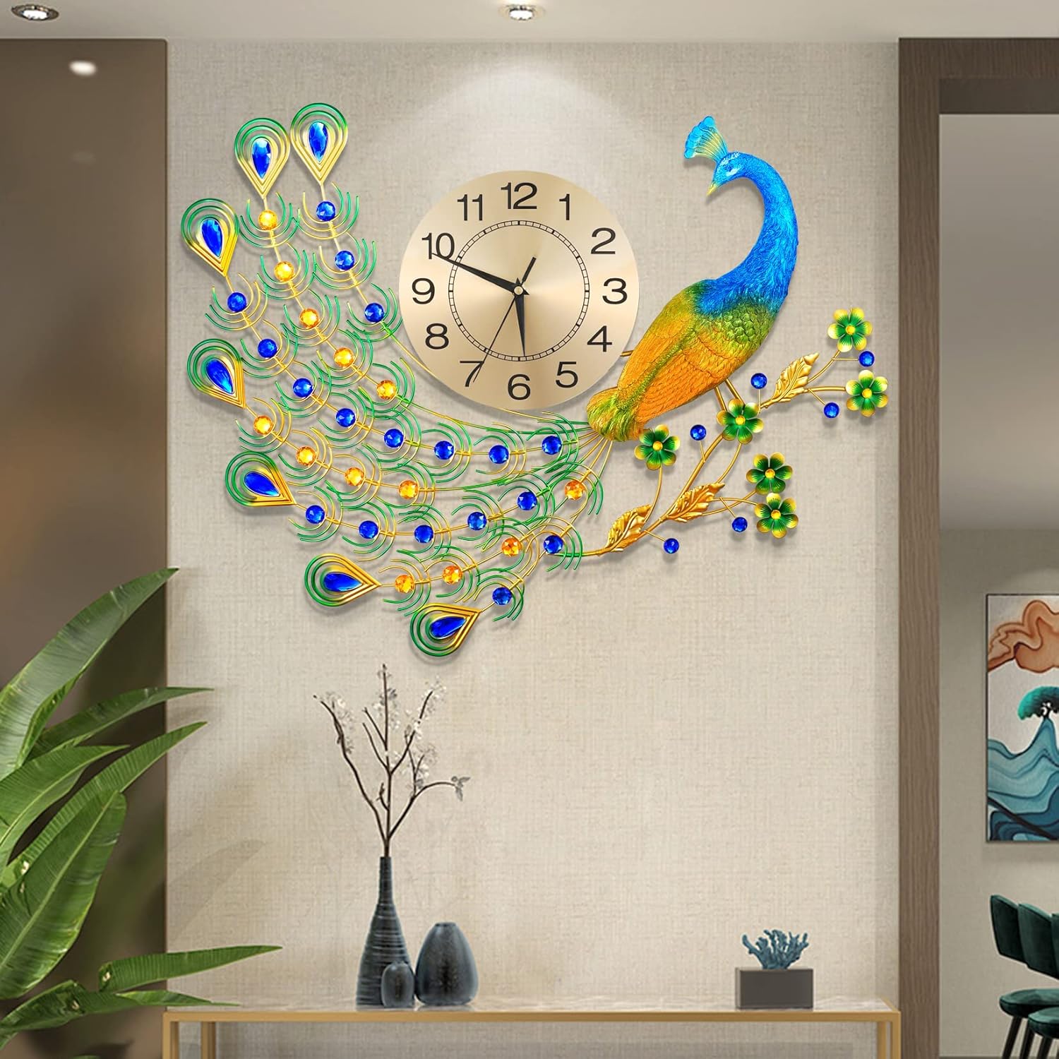 EURSON Large Peacock Wall Clock 36.6 inch Metal Design Non-Ticking Silent Art Digital Wall Clocks for Living Room Decor (Yellow&Green)