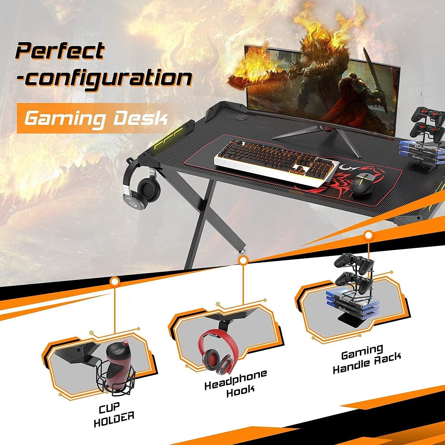 DESIGNA 44'' Gaming Desk with Led Lights, X-Shaped Computer Gaming Desk Home Office PC Computer Table, Gamer Table with Mouse Pad Handle Stand Cup Holder Headphone Hook, Black