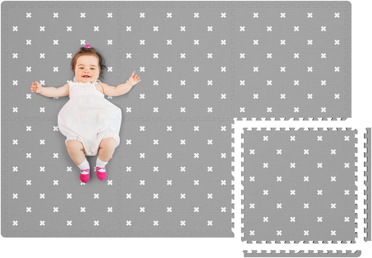 TCBunny Extra Large Baby Foam Play Mat - 4FT x 6FT Non-Toxic Puzzle Floor Mat for Kids & Toddlers, Waterproof Expandable Tiles with Edges (Grey with White Cross) Pack of 2