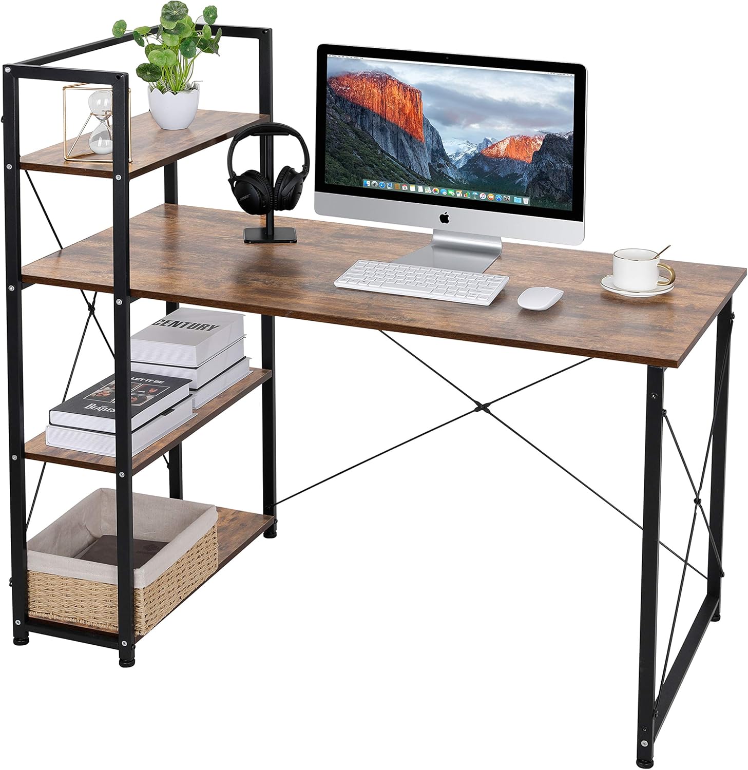 AuAg Computer Desk with 4 Tier Storage Shelves, 47&rdquo; Home Office Desk with Reversible Bookshelf, Writing Study Table Workstation with Tower Shelf for Small Space(Black)