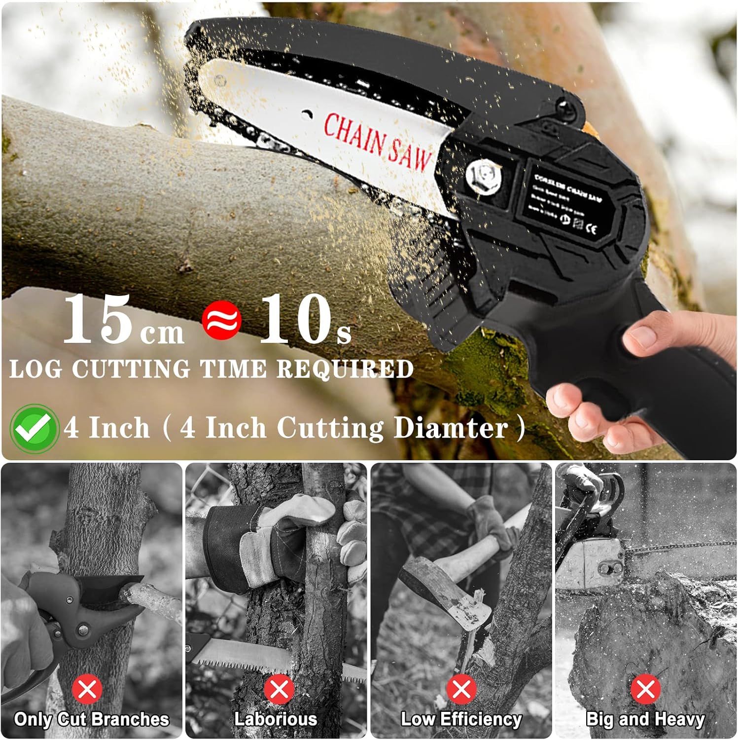 Evoio Mini ChainSaw, 4-inch Cordless Chainsaw with 2x 1.5Ah Batteries Auto-oil System One-Handed Electric Chain Saw Electric Pruning Chainsaw for Wood Cutting Garden Logging Trimming Branch(Black) Pack of 2